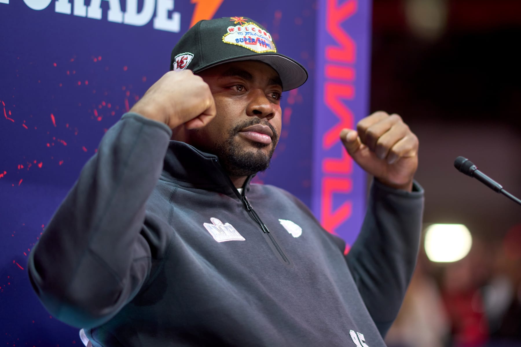 LAS VEGAS, NEVADA - FEBRUARY 5: Chris Jones #95 of the Kansas City Chiefs speaks to media during Super Bowl LVIII Opening Night at Allegiant Stadium ahead of Super Bowl LVIII on February 5, 2024 in Las Vegas, Nevada. (Photo by Robin Alam/ISI Photos/Getty Images)