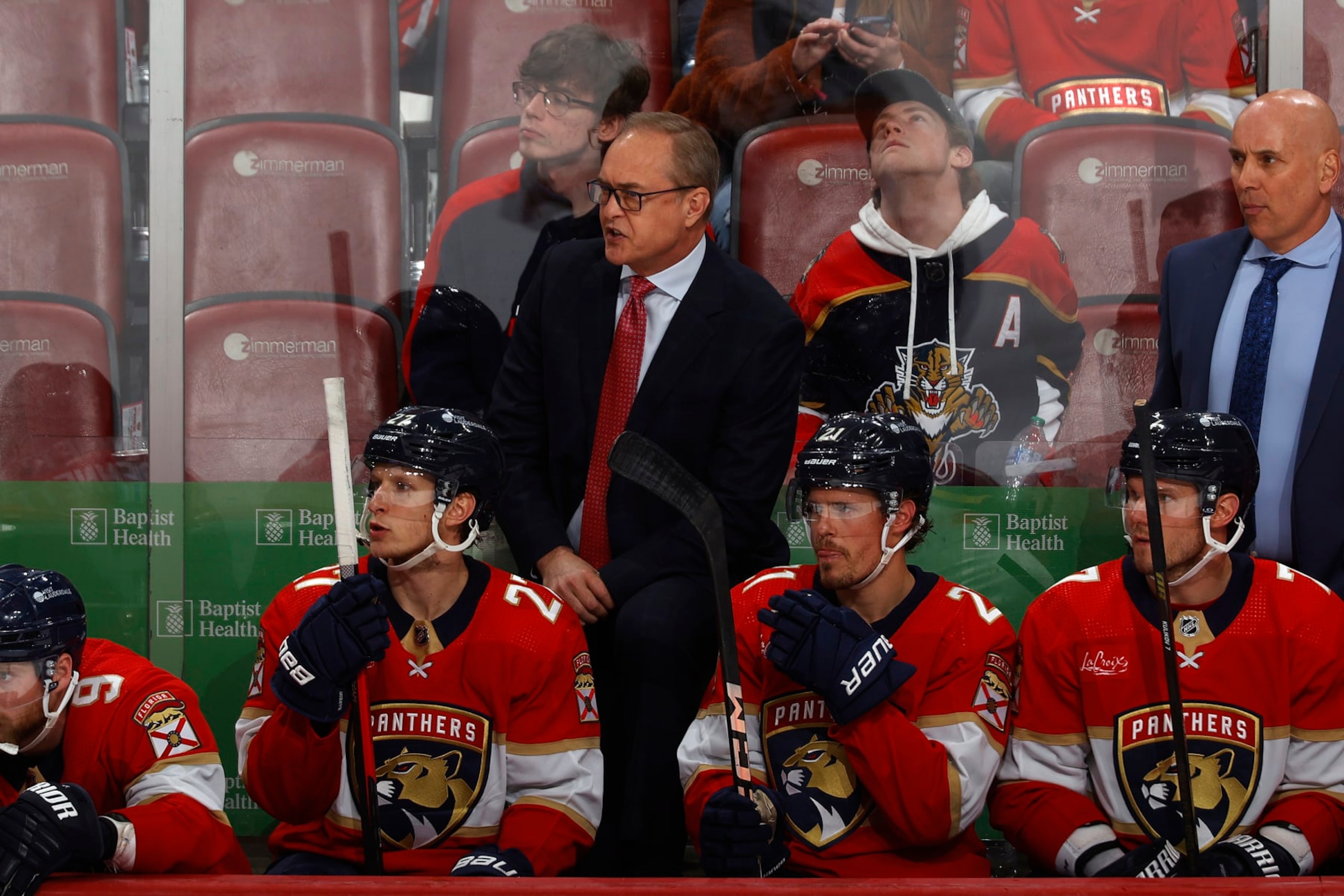 SUNRISE, FL - FEBRUARY 10: Head coach Paul Maurice of the Florida Panthers looks on during third period action against the Colorado Avalanche at the Amerant Bank Arena on February 10, 2024 in Sunrise, Florida. Maurice won his 850th win moving him into 5th overall as wins as an NHL head coach. (Photo by Joel Auerbach/Getty Images)