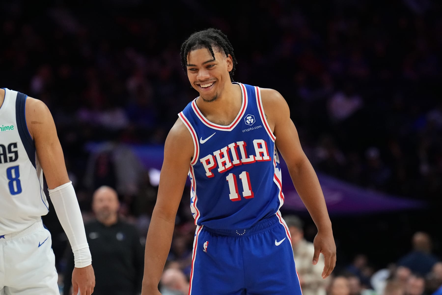 PHILADELPHIA, PA - FEBRUARY 5: Jaden Springer #11 of the Philadelphia 76ers smiles during the game against the Dallas Mavericks on February 5, 2024 at the Wells Fargo Center in Philadelphia, Pennsylvania NOTE TO USER: User expressly acknowledges and agrees that, by downloading and/or using this Photograph, user is consenting to the terms and conditions of the Getty Images License Agreement. Mandatory Copyright Notice: Copyright 2024 NBAE (Photo by Jesse D. Garrabrant/NBAE via Getty Images)