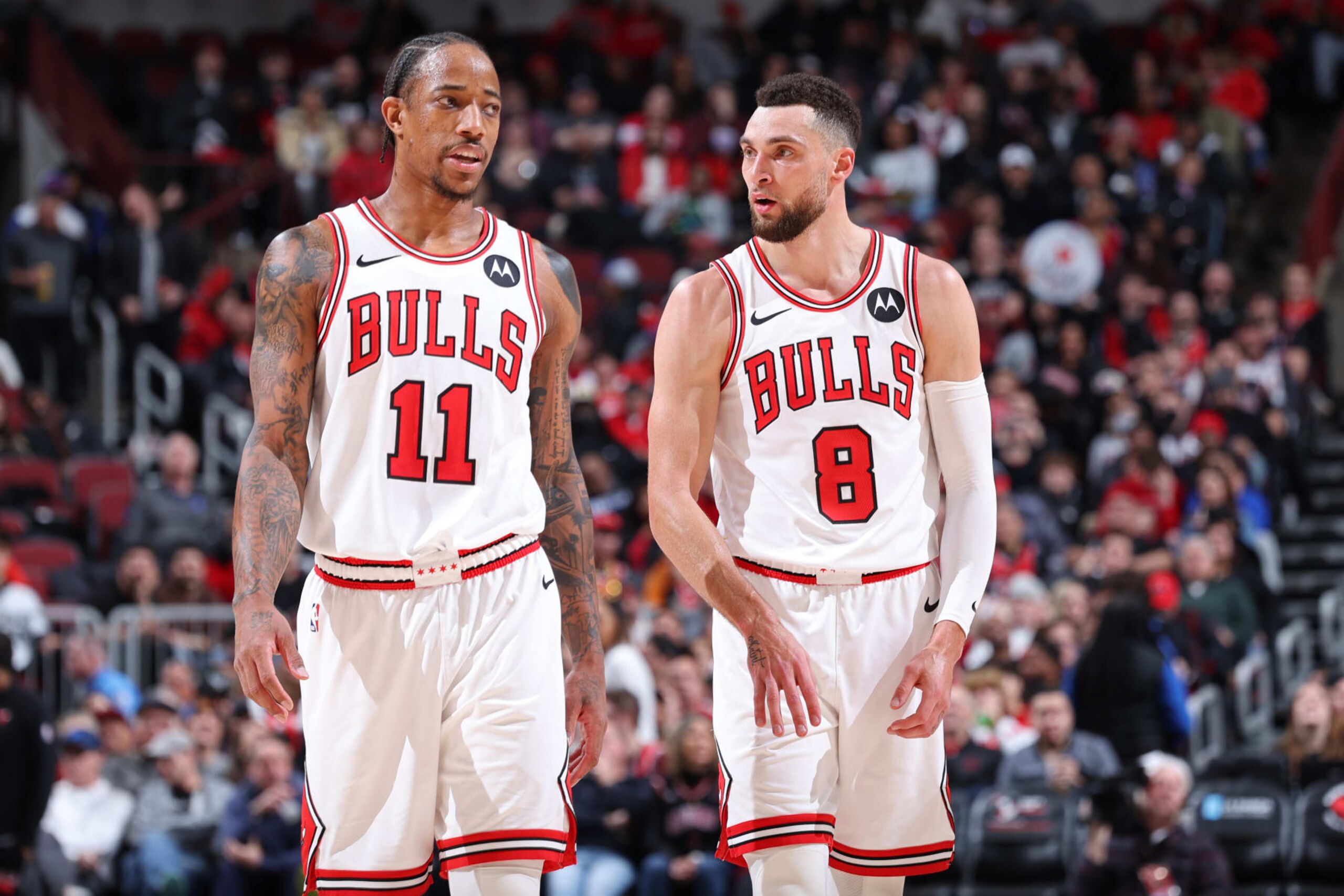 CHICAGO, IL - JANUARY 10: DeMar DeRozan #11 and Zach LaVine #8 of the Chicago Bulls looks on during the game against the Houston Rockets on January 10, 2024 at United Center in Chicago, Illinois. NOTE TO USER: User expressly acknowledges and agrees that, by downloading and or using this photograph, User is consenting to the terms and conditions of the Getty Images License Agreement. Mandatory Copyright Notice: Copyright 2024 NBAE (Photo by Jeff Haynes/NBAE via Getty Images)