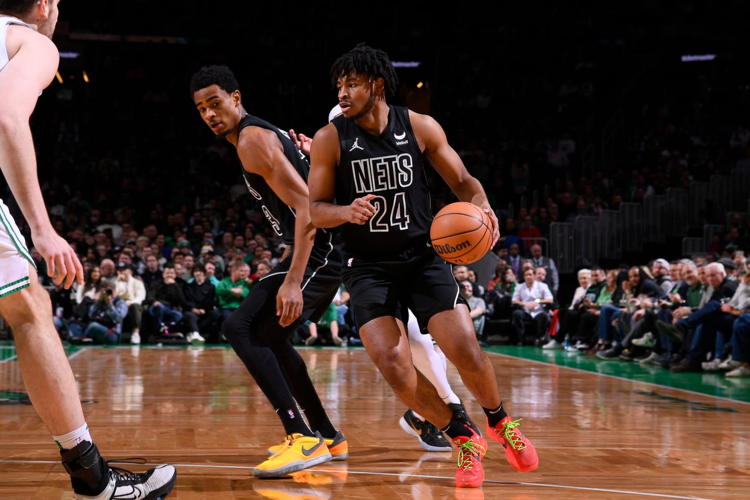 BOSTON, MA - FEBRUARY 14: Cam Thomas #24 of the Brooklyn Nets drives to the basket during the game against the Boston Celtics on February 14, 2024 at the TD Garden in Boston, Massachusetts. NOTE TO USER: User expressly acknowledges and agrees that, by downloading and or using this photograph, User is consenting to the terms and conditions of the Getty Images License Agreement. Mandatory Copyright Notice: Copyright 2024 NBAE  (Photo by Brian Babineau/NBAE via Getty Images)