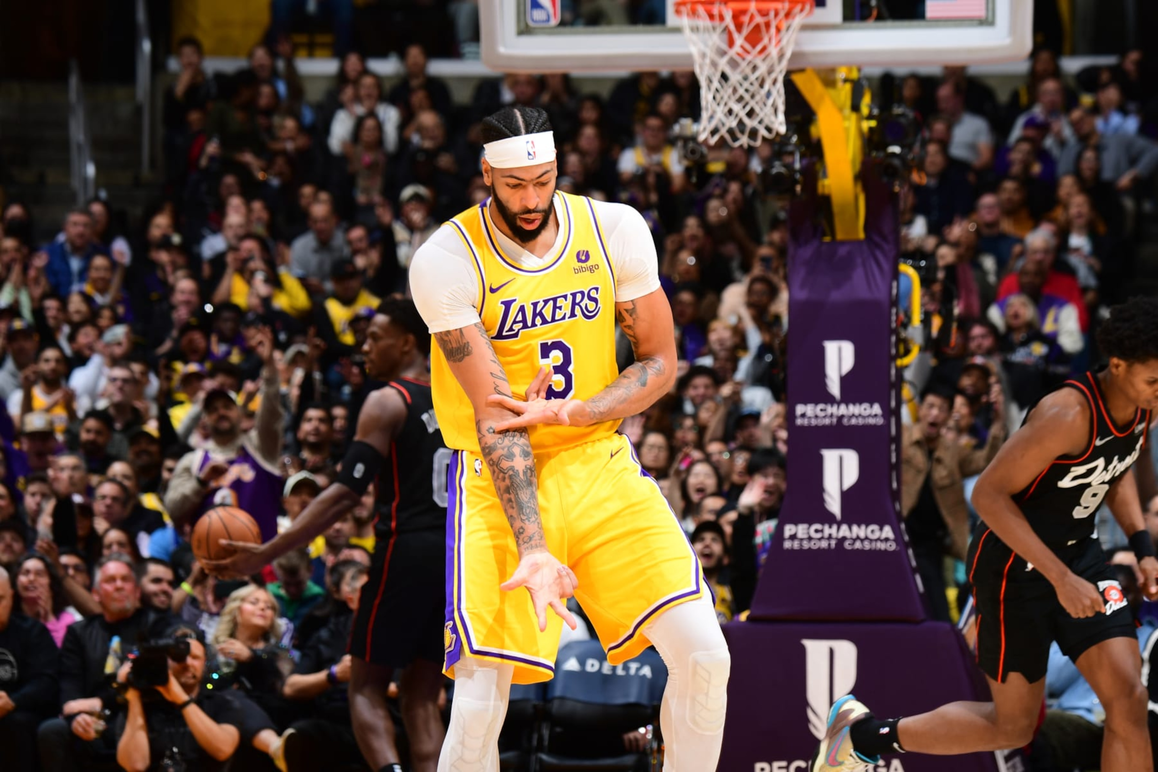 LOS ANGELES, CA - February 13: Anthony Davis #3 of the Los Angeles Lakers celebrates during the game against the Detroit Pistons on February 13, 2024 at Crypto.Com Arena in Los Angeles, California. NOTE TO USER: User expressly acknowledges and agrees that, by downloading and/or using this Photograph, user is consenting to the terms and conditions of the Getty Images License Agreement. Mandatory Copyright Notice: Copyright 2024 NBAE (Photo by Adam Pantozzi/NBAE via Getty Images) LOS ANGELES, CA - February 13: Anthony Davis #3 of the Los Angeles Lakers celebrates during the game against the Detroit Pistons on February 13, 2024 at Crypto.Com Arena in Los Angeles, California. NOTE TO USER: User expressly acknowledges and agrees that, by downloading and/or using this Photograph, user is consenting to the terms and conditions of the Getty Images License Agreement. Mandatory Copyright Notice: Copyright 2024 NBAE (Photo by Adam Pantozzi/NBAE via Getty Images)