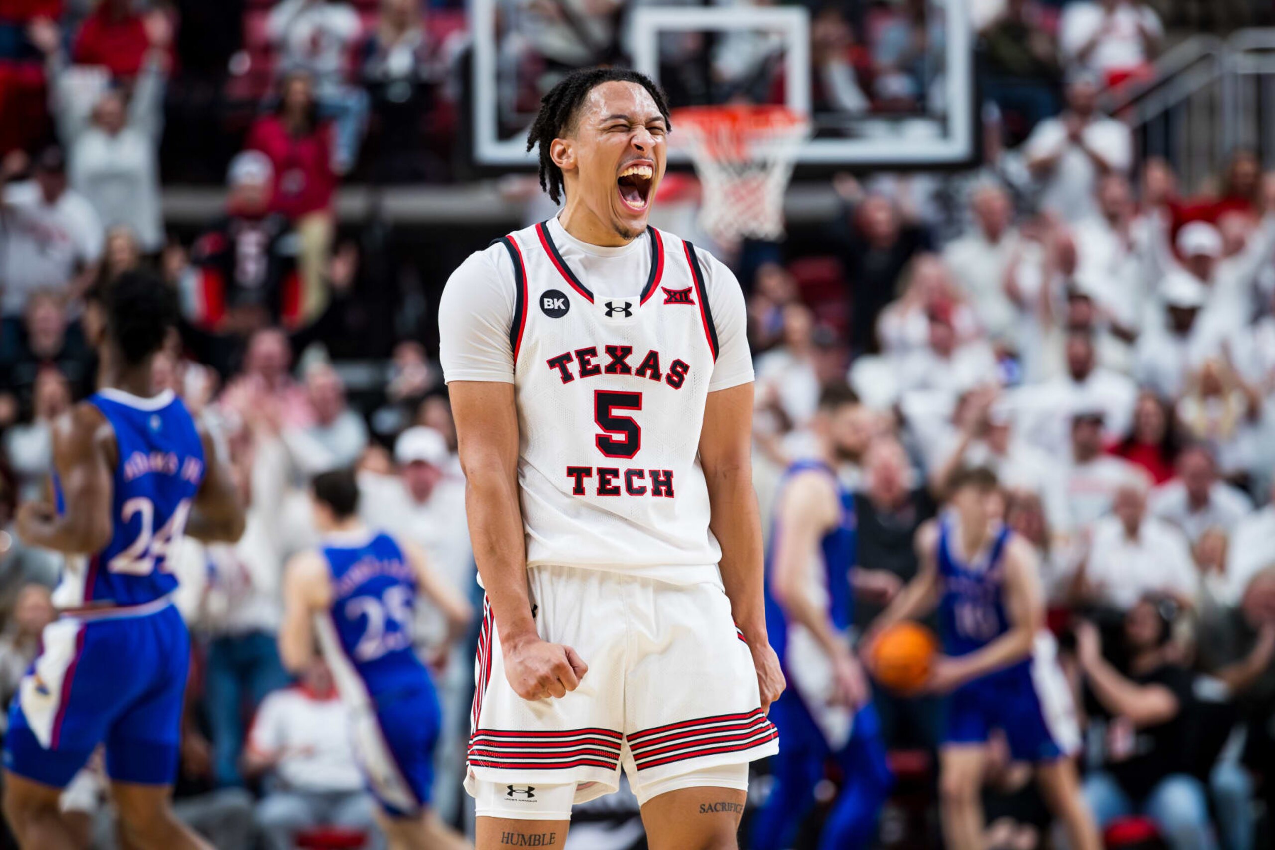 LUBBOCK, TEXAS - FEBRUARY 12: Darrion Williams #5 of the Texas Tech Red Raiders shouts during the second half of the game against the Kansas Jayhawks at United Supermarkets Arena on February 12, 2024 in Lubbock, Texas. (Photo by John E. Moore III/Getty Images)