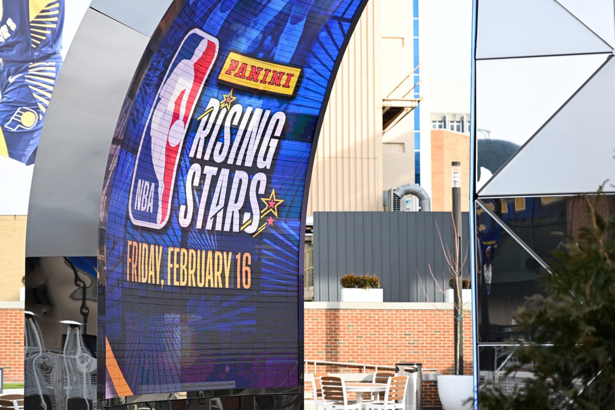 INDIANAPOLIS, IN - FEBRUARY 10: 2024 NBA Panini Rising Stars game signage displayed outside of Gainbridge Fieldhouse prior to the 2024 NBA All-Star game at Gainbridge Fieldhouse on February 10, 2024 in Indianapolis, IN. (Photo by James Black/Icon Sportswire via Getty Images)