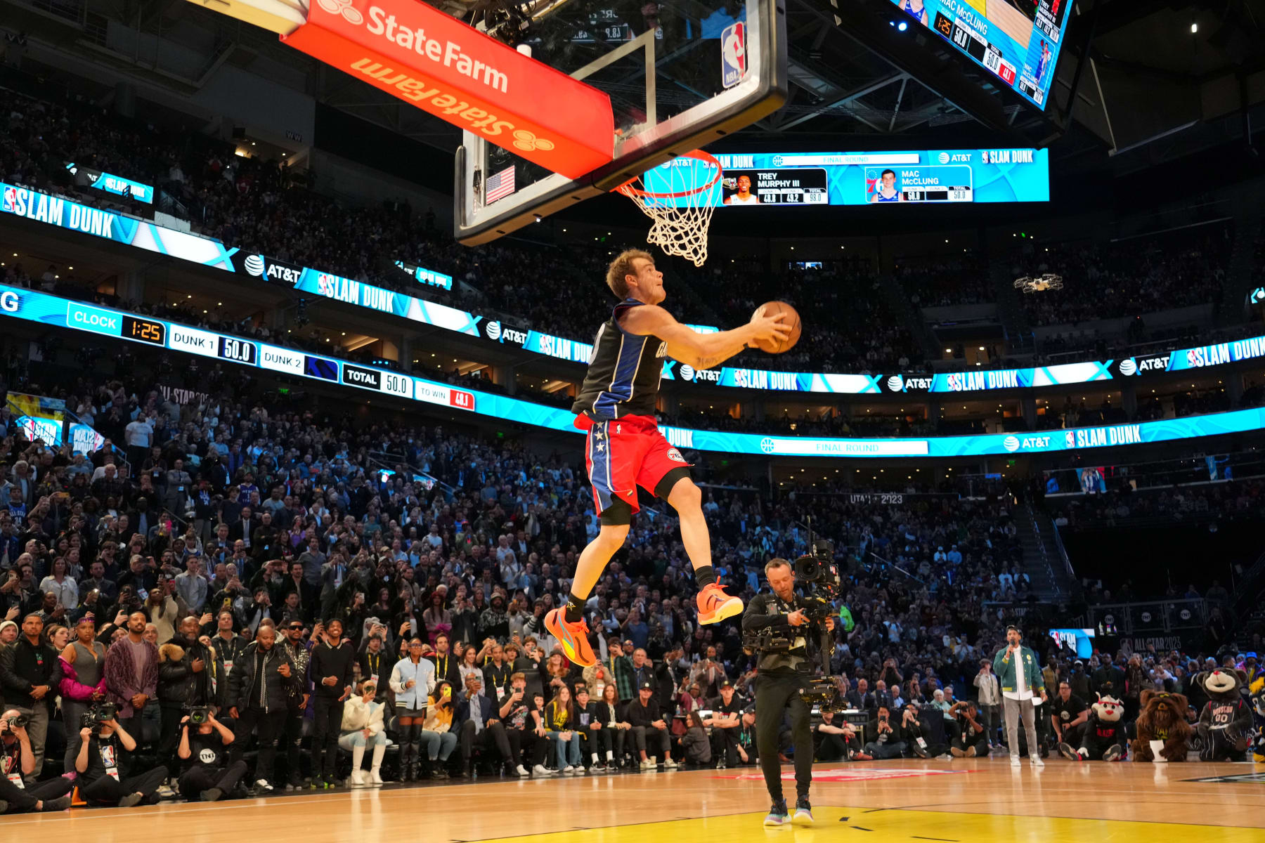 SALT LAKE CITY, UT - FEBRUARY 18: (EDITORS NOTE: Dunk sequence 3 of 4) Mac McClung #9 of the Philadelphia 76ers dunks the ball during the AT&T Slam Dunk Contest as part of 2023 NBA All Star Weekend on Saturday, February 18, 2023 at Vivint Arena in Salt Lake City, Utah. NOTE TO USER: User expressly acknowledges and agrees that, by downloading and/or using this Photograph, user is consenting to the terms and conditions of the Getty Images License Agreement. Mandatory Copyright Notice: Copyright 2023 NBAE (Photo by Jesse D. Garrabrant/NBAE via Getty Images)