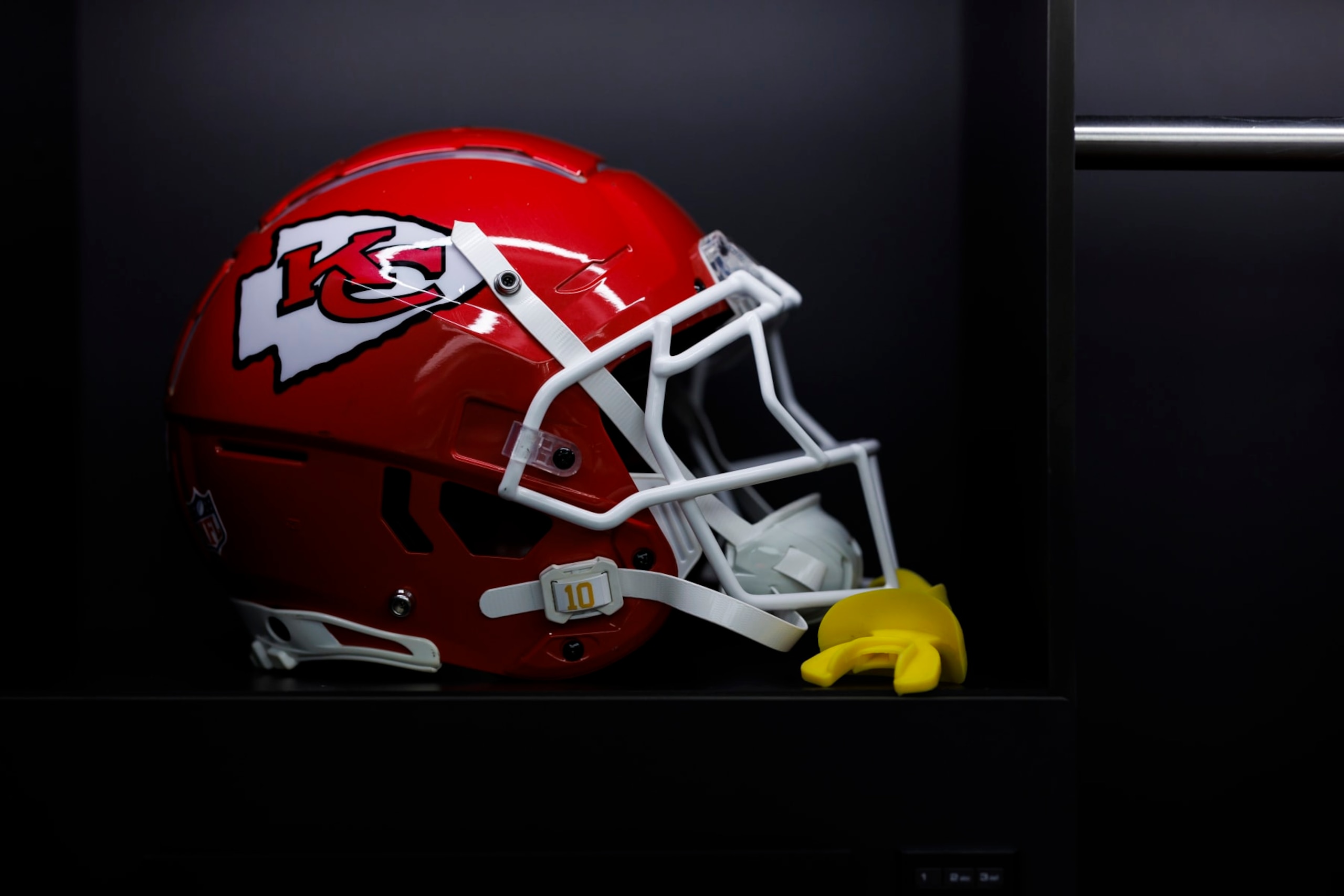 LAS VEGAS, NEVADA - FEBRUARY 11: A detail view of Isiah Pacheco #10 of the Kansas City Chiefs helmet in the locker room before the NFL Super Bowl LVIII football game against the San Francisco 49ers at Allegiant Stadium on February 11, 2024 in Las Vegas, Nevada. (Photo by Ryan Kang/Getty Images)