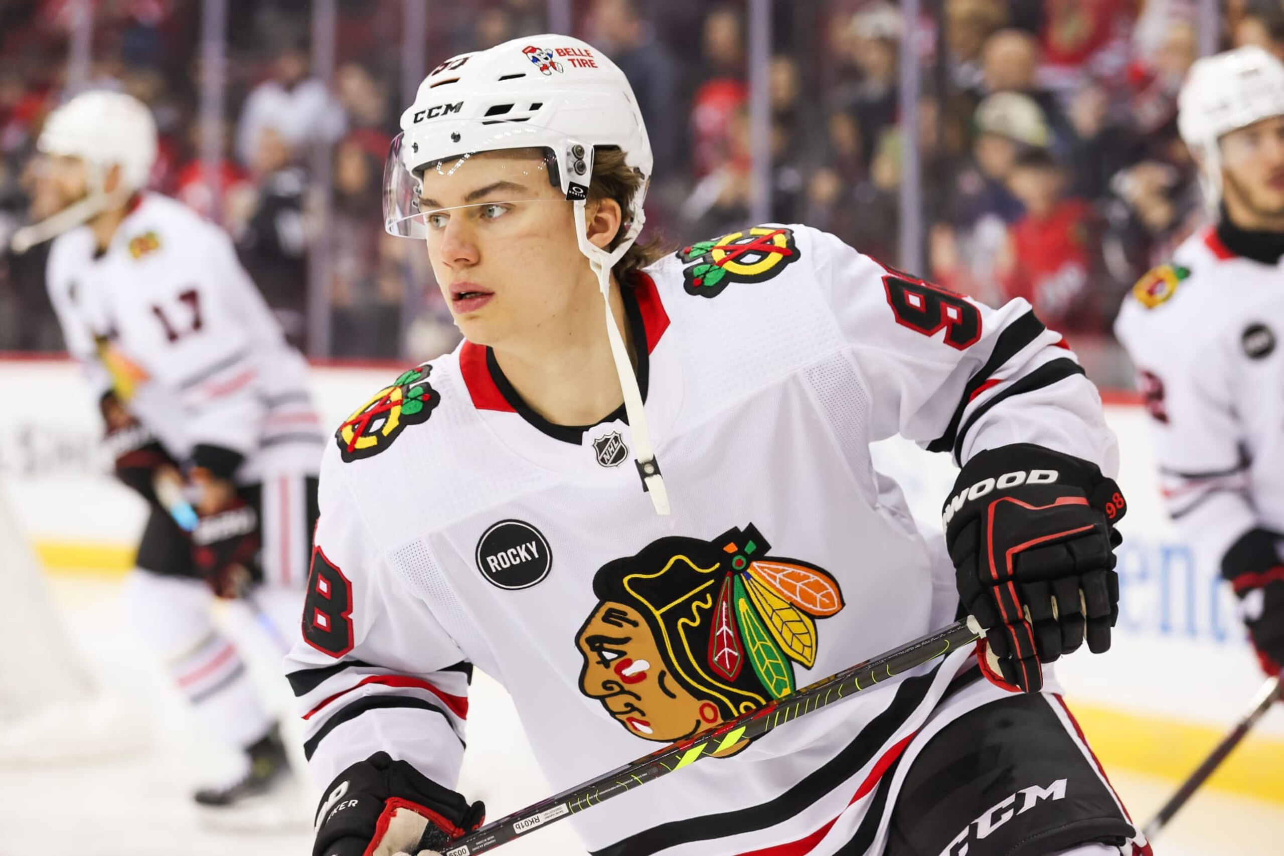 NEWARK, NJ - JANUARY 05: Chicago Blackhawks center Connor Bedard (98) warms up before a game between the Chicago Blackhawks and New Jersey Devils on January 05, 2024 at Prudential Center in the Newark, New Jersey. (Photo by Andrew Mordzynski/Icon Sportswire via Getty Images)