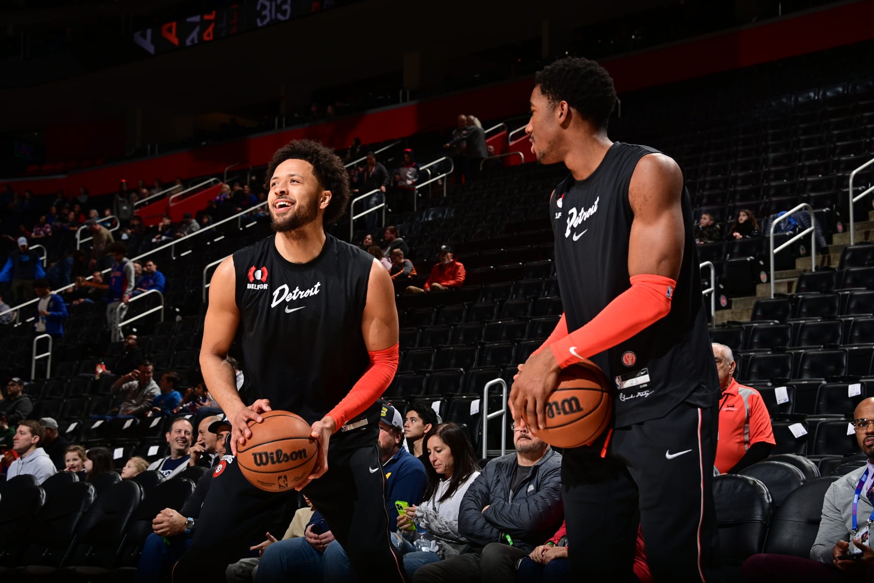 DETROIT, MI - JANUARY 27: Cade Cunningham #2 of the Detroit Pistons and Jaden Ivey #23 of the Detroit Pistons warm up before the game against the Washington Wizards on January 27, 2024 at Little Caesars Arena in Detroit, Michigan. NOTE TO USER: User expressly acknowledges and agrees that, by downloading and/or using this photograph, User is consenting to the terms and conditions of the Getty Images License Agreement. Mandatory Copyright Notice: Copyright 2024 NBAE (Photo by Chris Schwegler/NBAE via Getty Images)