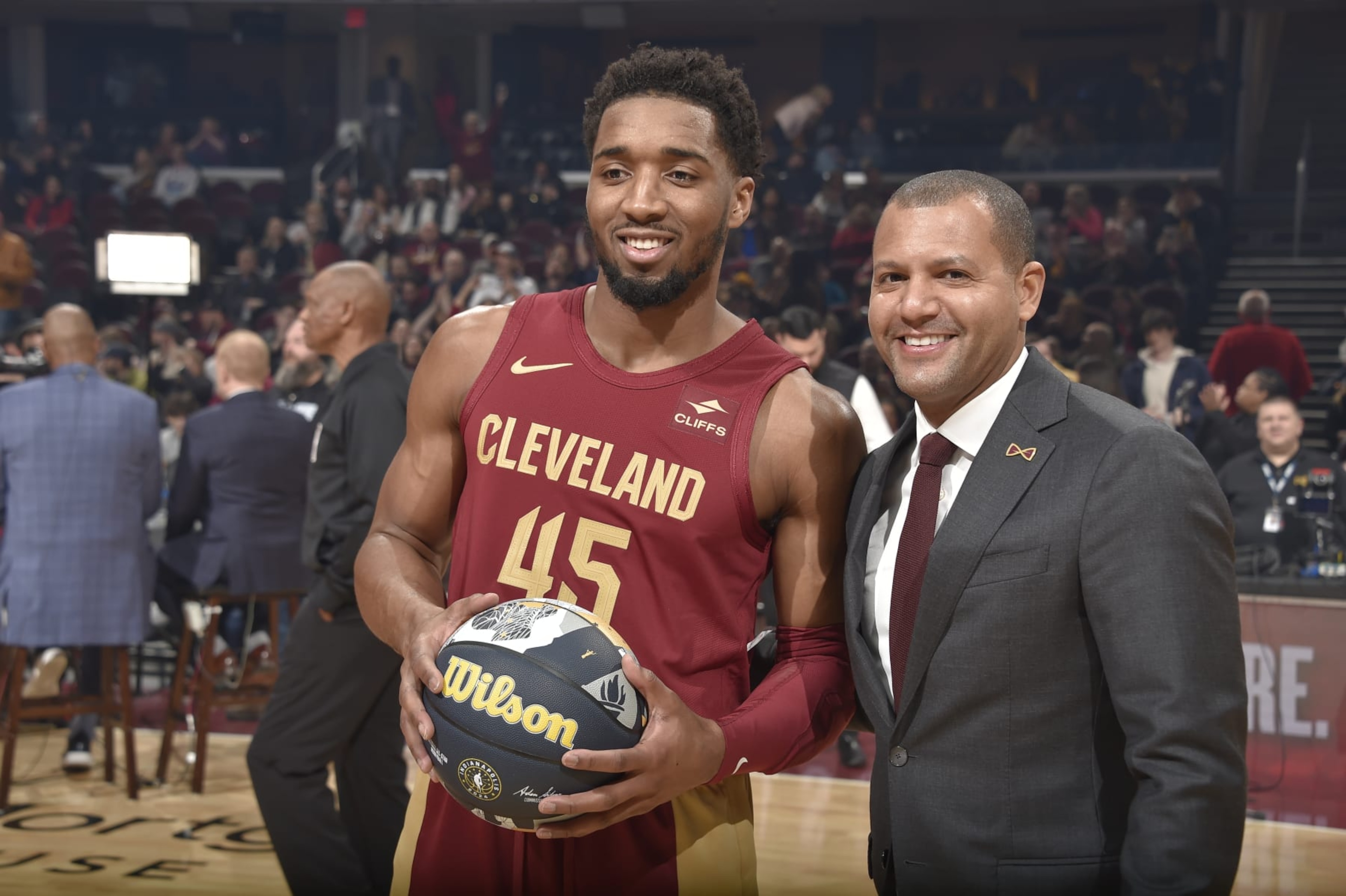 CLEVELAND, OH - FEBRUARY 14: Donovan Mitchell #45 of the Cleveland Cavaliers is awarded with the NBA Eastern Conference Player of the Month for January on February 14, 2024 at Rocket Mortgage FieldHouse in Cleveland, Ohio. NOTE TO USER: User expressly acknowledges and agrees that, by downloading and/or using this Photograph, user is consenting to the terms and conditions of the Getty Images License Agreement. Mandatory Copyright Notice: Copyright 2024 NBAE (Photo by David Liam Kyle/NBAE via Getty Images)