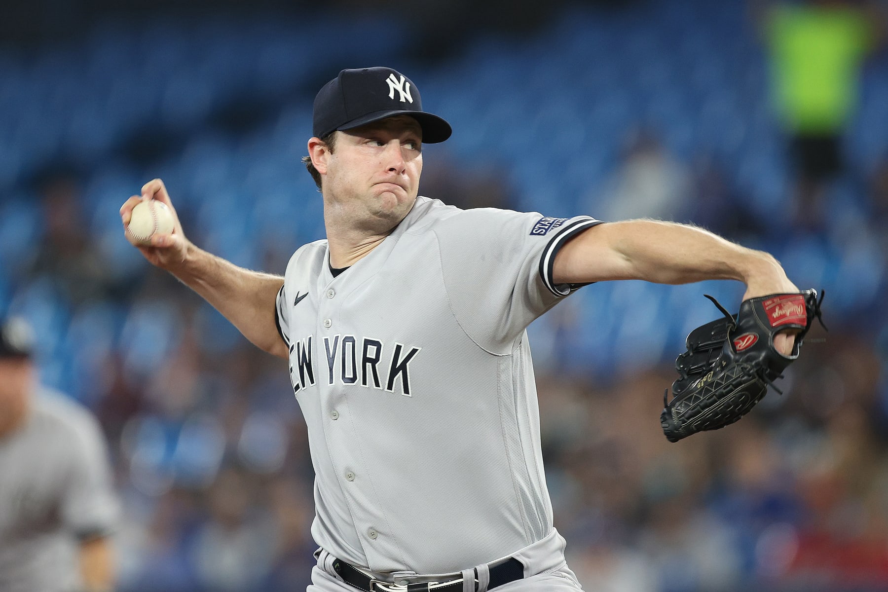 TORONTO-  New York Yankees star Gerrit Cole hurls the ball in the third inning against the Toronto Blue Jays in Toronto on Wednesday  . (R.J.Johnston/Toronto Star)          (Photo by R.J. Johnston Toronto Star/Toronto Star via Getty Images)