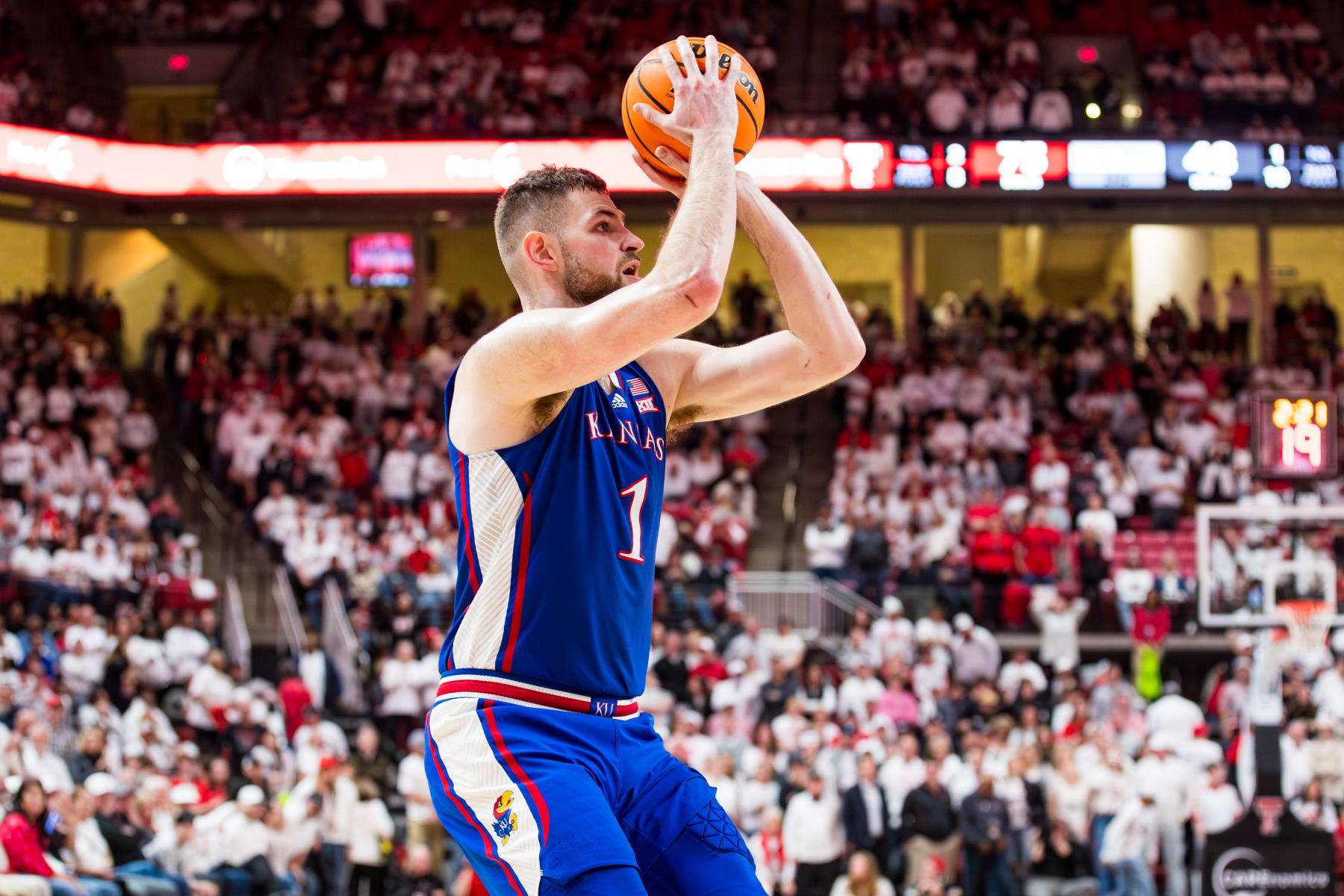 LUBBOCK, TEXAS - FEBRUARY 12: Hunter Dickinson #1 of the Kansas Jayhawks shoots the ball during the second half of the game against the Texas Tech Red Raiders at United Supermarkets Arena on February 12, 2024 in Lubbock, Texas. (Photo by John E. Moore III/Getty Images)