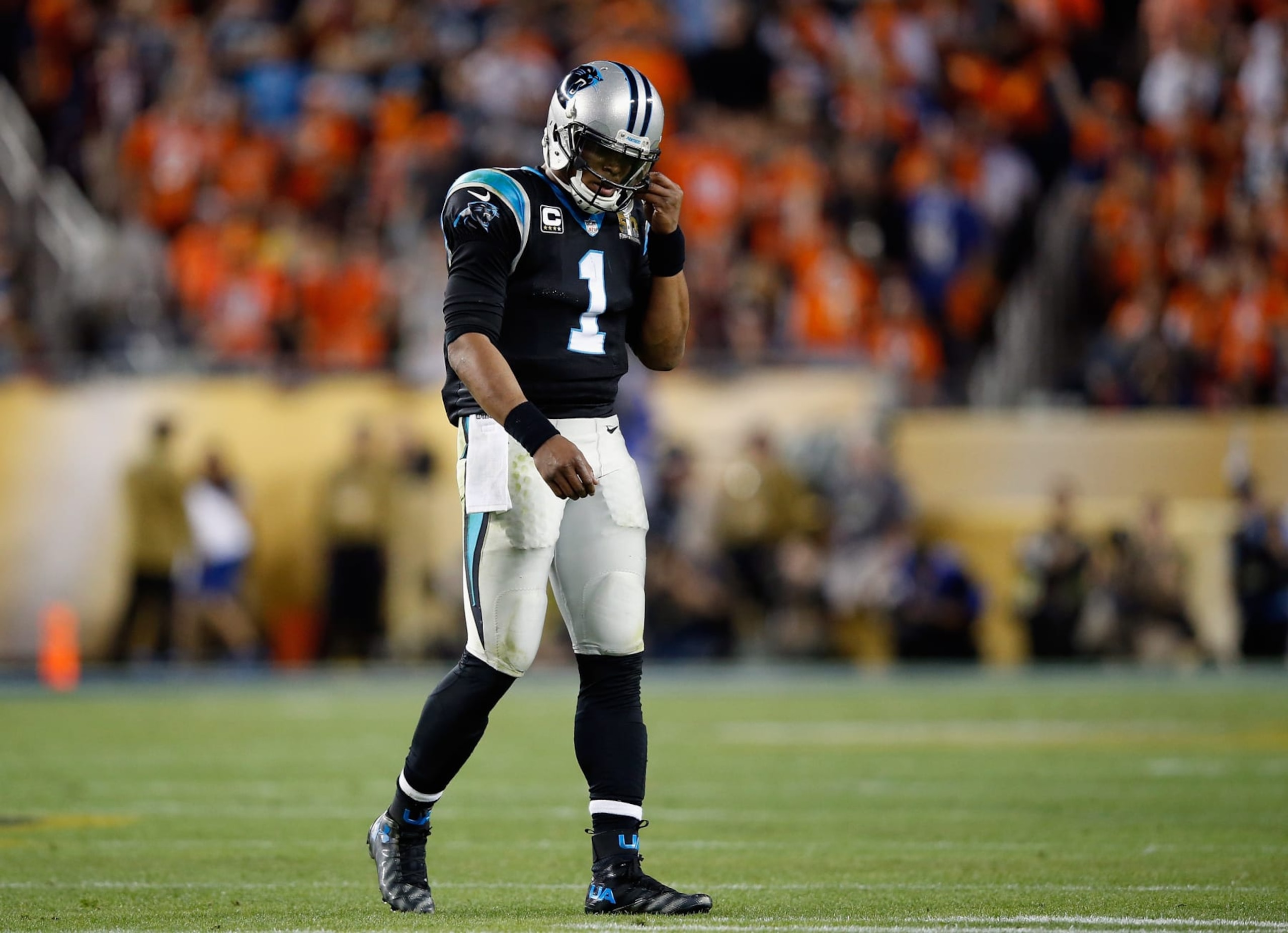 SANTA CLARA, CA - FEBRUARY 07:  Quarterback Cam Newton #1 of the Carolina Panthers reacts while playing against the Denver Broncos during Super Bowl 50 at Levi's Stadium on February 7, 2016 in Santa Clara, California.  (Photo by Ezra Shaw/Getty Images)