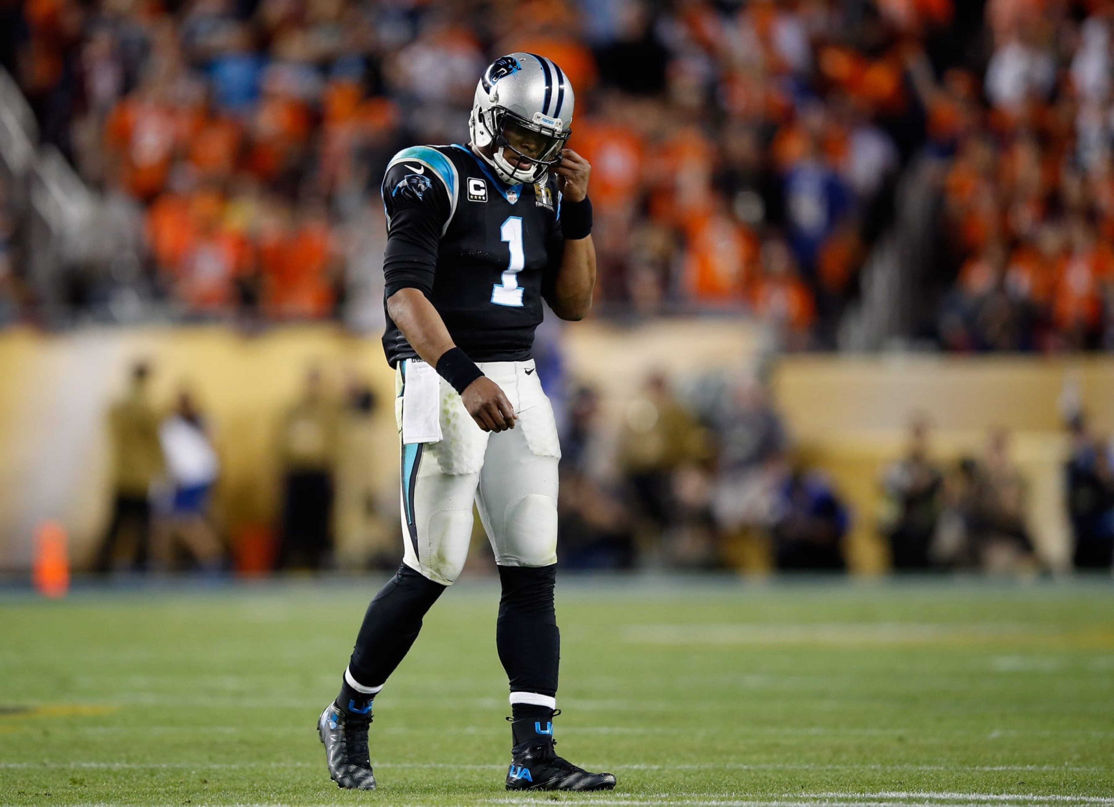 SANTA CLARA, CA - FEBRUARY 07: Quarterback Cam Newton #1 of the Carolina Panthers reacts while playing against the Denver Broncos during Super Bowl 50 at Levi's Stadium on February 7, 2016 in Santa Clara, California. (Photo by Ezra Shaw/Getty Images) SANTA CLARA, CA - FEBRUARY 07: Quarterback Cam Newton #1 of the Carolina Panthers reacts while playing against the Denver Broncos during Super Bowl 50 at Levi's Stadium on February 7, 2016 in Santa Clara, California. (Photo by Ezra Shaw/Getty Images)