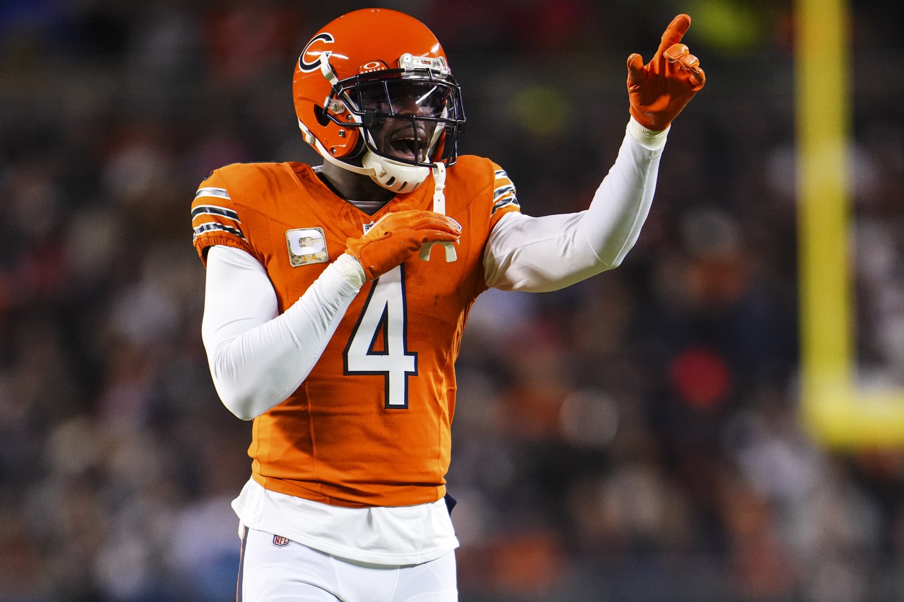 CHICAGO, IL - NOVEMBER 09: Eddie Jackson #4 of the Chicago Bears lines up during an NFL football game against the Carolina Panthers at Soldier Field on November 9, 2023 in Chicago, Illinois. (Photo by Cooper Neill/Getty Images)