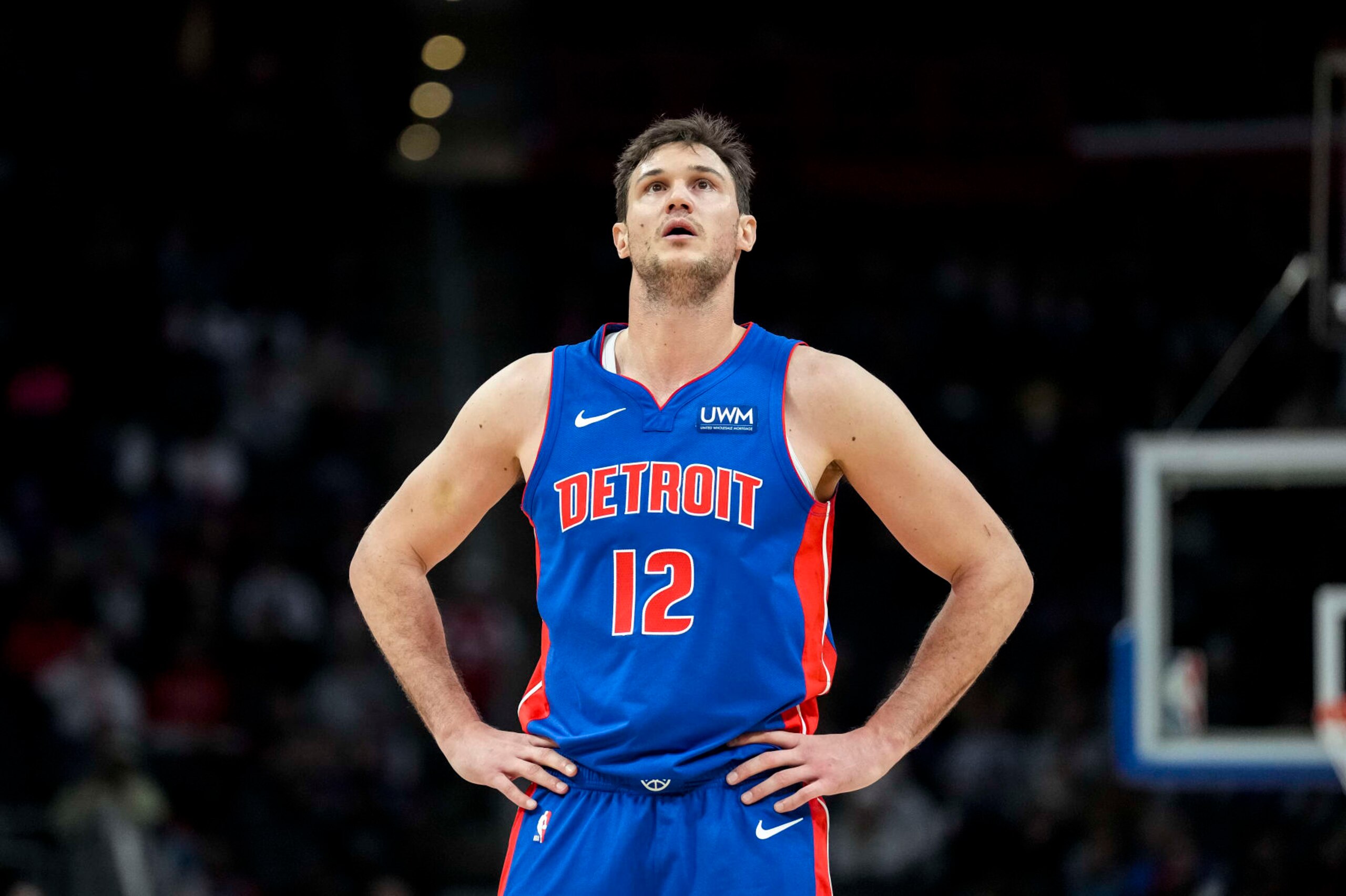 DETROIT, MICHIGAN - FEBRUARY 04: Danilo Gallinari #12 of the Detroit Pistons looks on against the Orlando Magic at Little Caesars Arena on February 04, 2024 in Detroit, Michigan. NOTE TO USER: User expressly acknowledges and agrees that, by downloading and or using this photograph, User is consenting to the terms and conditions of the Getty Images License Agreement. (Photo by Nic Antaya/Getty Images)