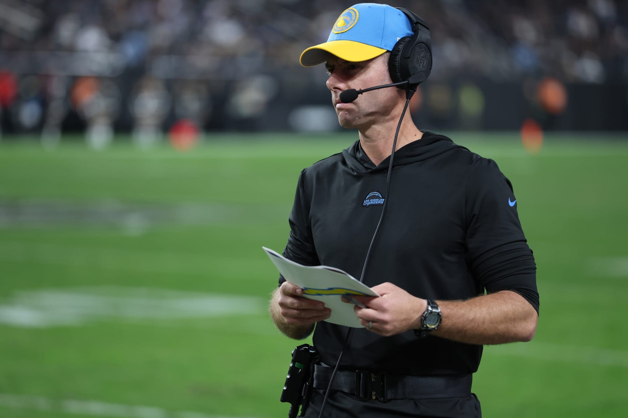 LAS VEGAS, NEVADA - DECEMBER 14: Head coach Brandon Staley of the Los Angeles Chargers looks on from the sideline against the Las Vegas Raiders during the fourth quarter at Allegiant Stadium on December 14, 2023 in Las Vegas, Nevada. (Photo by Sean M. Haffey/Getty Images)