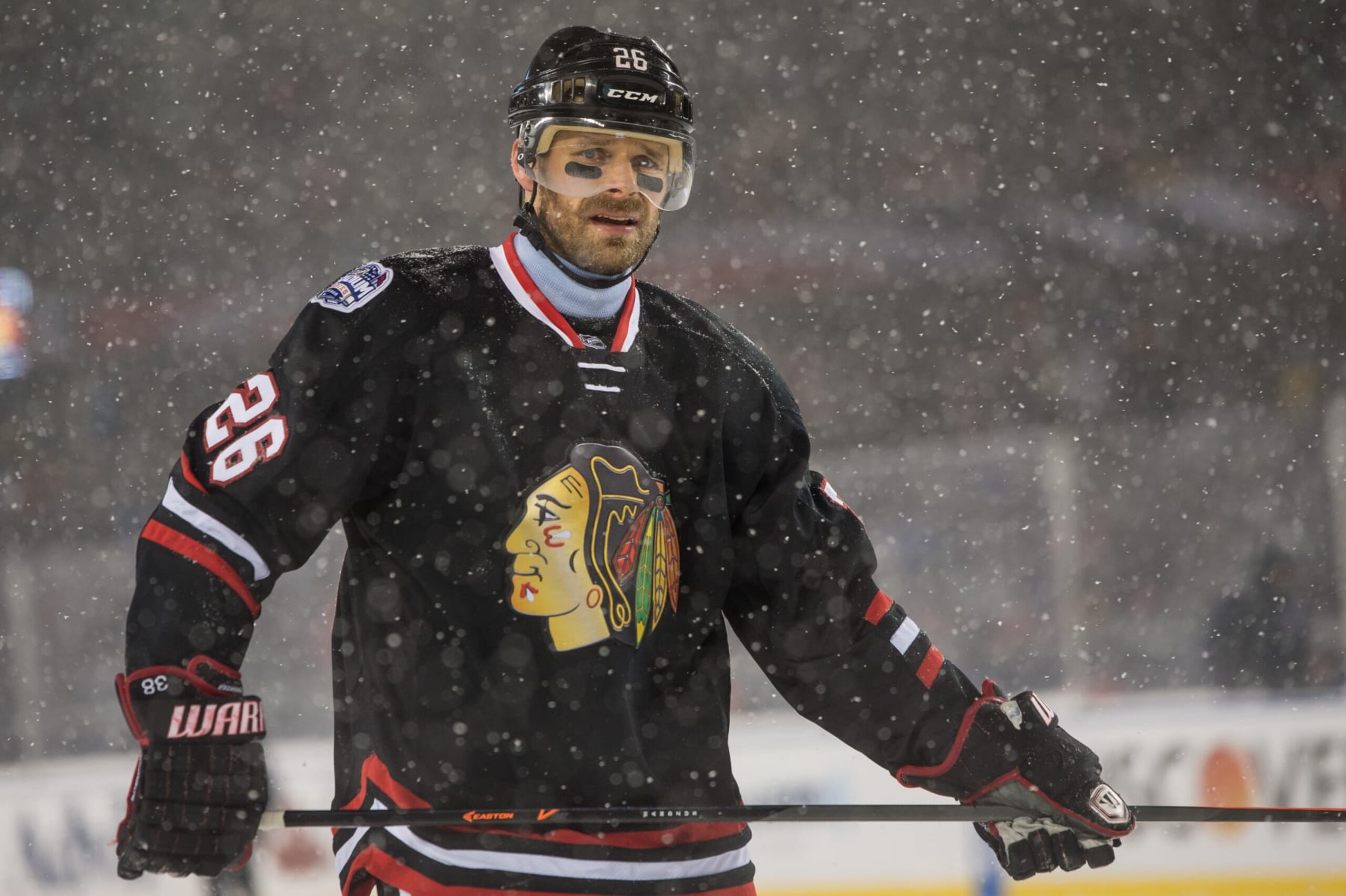CHICAGO, IL - MARCH 1: Michal Handzus #26 of the Chicago Blackhawks looks on during the 2014 NHL Stadium Series against the Pittsburgh Penguins on March 01, 2014 at Soldier Field in Chicago, Illinois. (Photo by Bill Smith/NHLI via Getty Images) CHICAGO, IL - MARCH 1: Michal Handzus #26 of the Chicago Blackhawks looks on during the 2014 NHL Stadium Series against the Pittsburgh Penguins on March 01, 2014 at Soldier Field in Chicago, Illinois. (Photo by Bill Smith/NHLI via Getty Images)