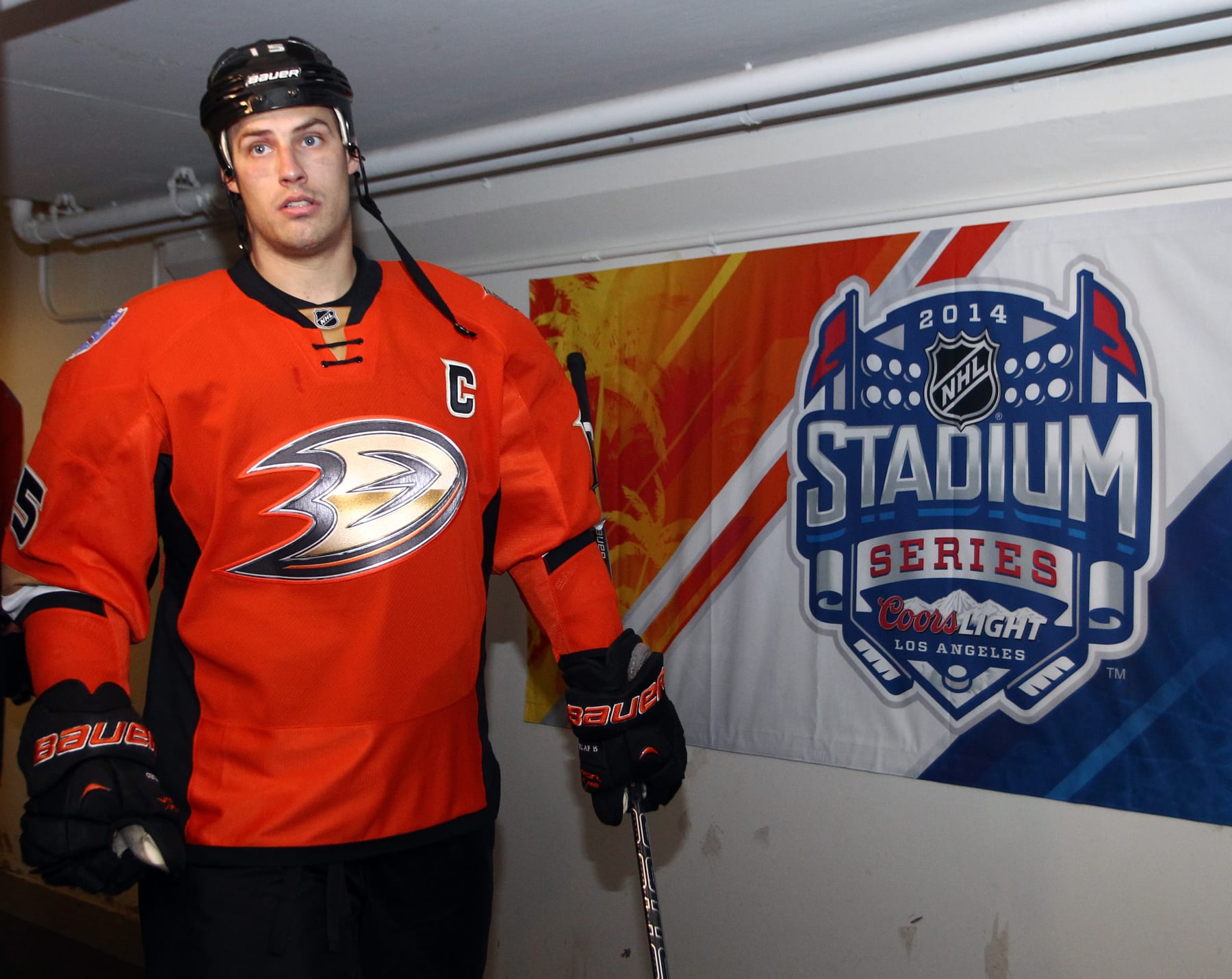 LOS ANGELES, CA - JANUARY 25:  Ryan Getzlaf #15 of the Anaheim Ducks walks from the lockerroom during the game against the Los Angeles Kings during the 2014 Coors Light NHL Stadium Series on January 25, 2014 at Dodger Stadium in Los Angeles, California. (Photo by Debora Robinson/NHLI via Getty Images)