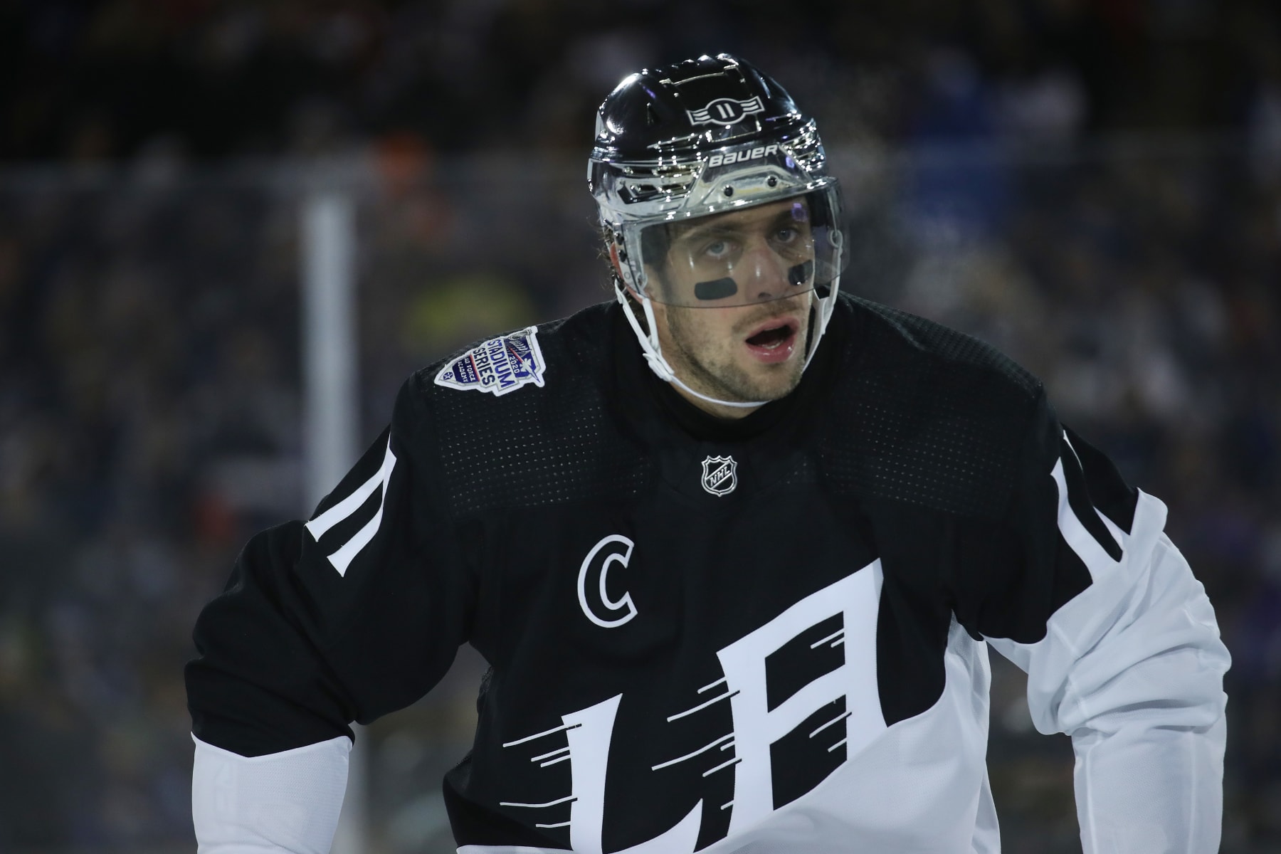 COLORADO SPRINGS, COLORADO - FEBRUARY 15: Anze Kopitar #11 of the Los Angeles Kings looks on against the Colorado Avalanche at Falcon Stadium on February 15, 2020 in Colorado Springs, Colorado. The Kings defeated the Avalanche 3-1. (Photo by Michael Martin/NHLI via Getty Images)