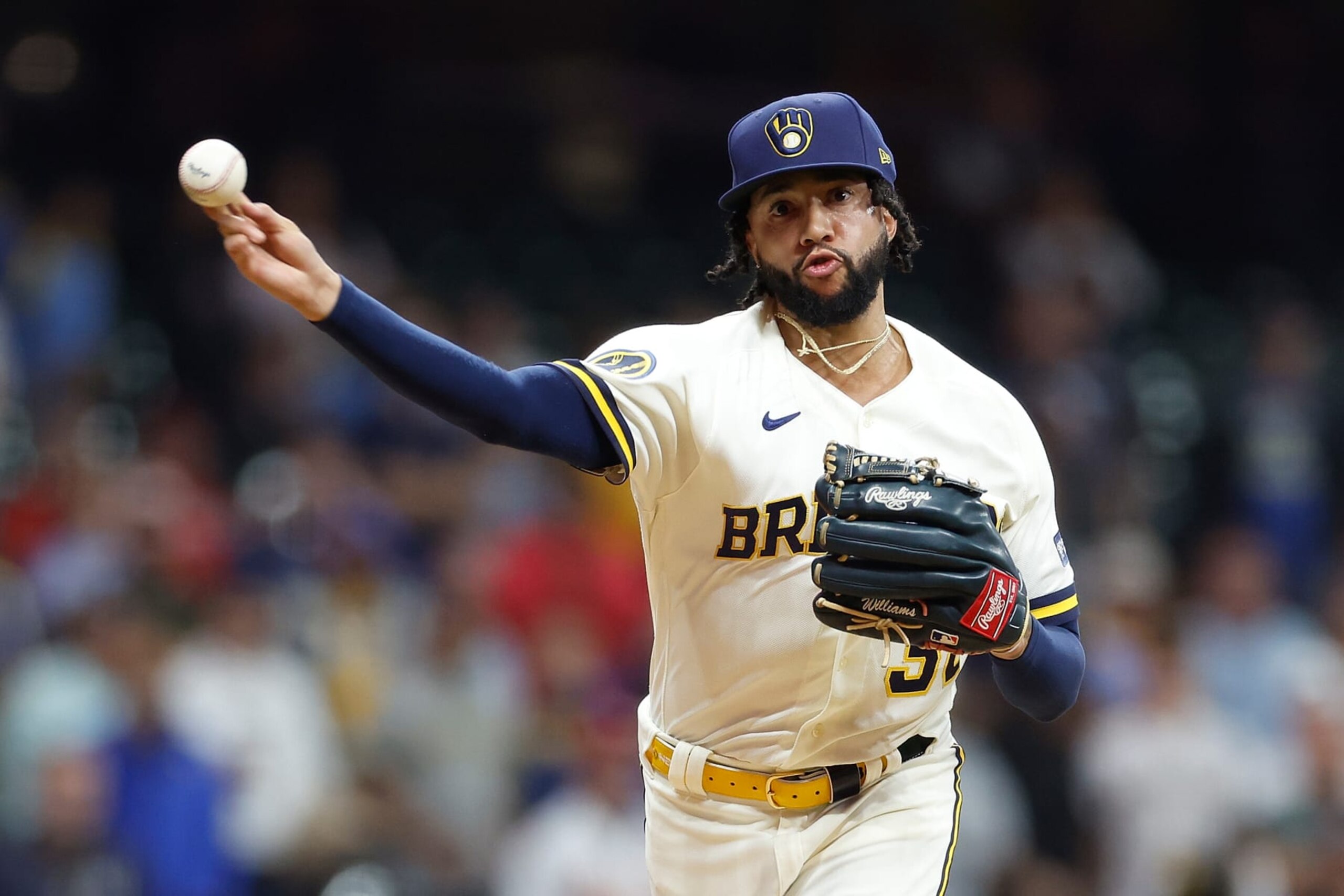 MILWAUKEE, WISCONSIN - SEPTEMBER 27: Devin Williams #38 of the Milwaukee Brewers throws over to first base during the game against the St. Louis Cardinals at American Family Field on September 27, 2023 in Milwaukee, Wisconsin. (Photo by John Fisher/Getty Images) MILWAUKEE, WISCONSIN - SEPTEMBER 27: Devin Williams #38 of the Milwaukee Brewers throws over to first base during the game against the St. Louis Cardinals at American Family Field on September 27, 2023 in Milwaukee, Wisconsin. (Photo by John Fisher/Getty Images)