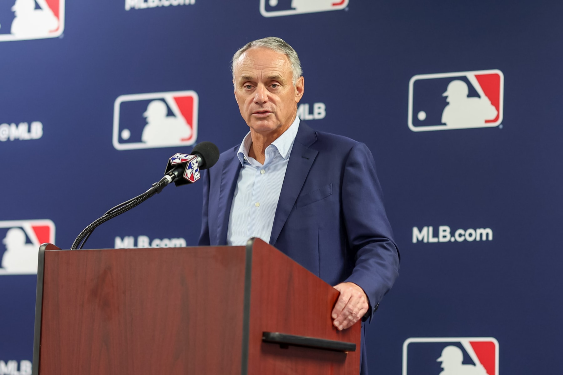 TAMPA, FL - FEBRUARY 15: Commissioner of Major League Baseball Robert D. Manfred Jr. speaks during the 2024 Grapefruit League Spring Training Media Day at George M. Steinbrenner Field on Thursday, February 15, 2024 in Tampa, Florida. (Photo by Mike Carlson/MLB Photos via Getty Images)