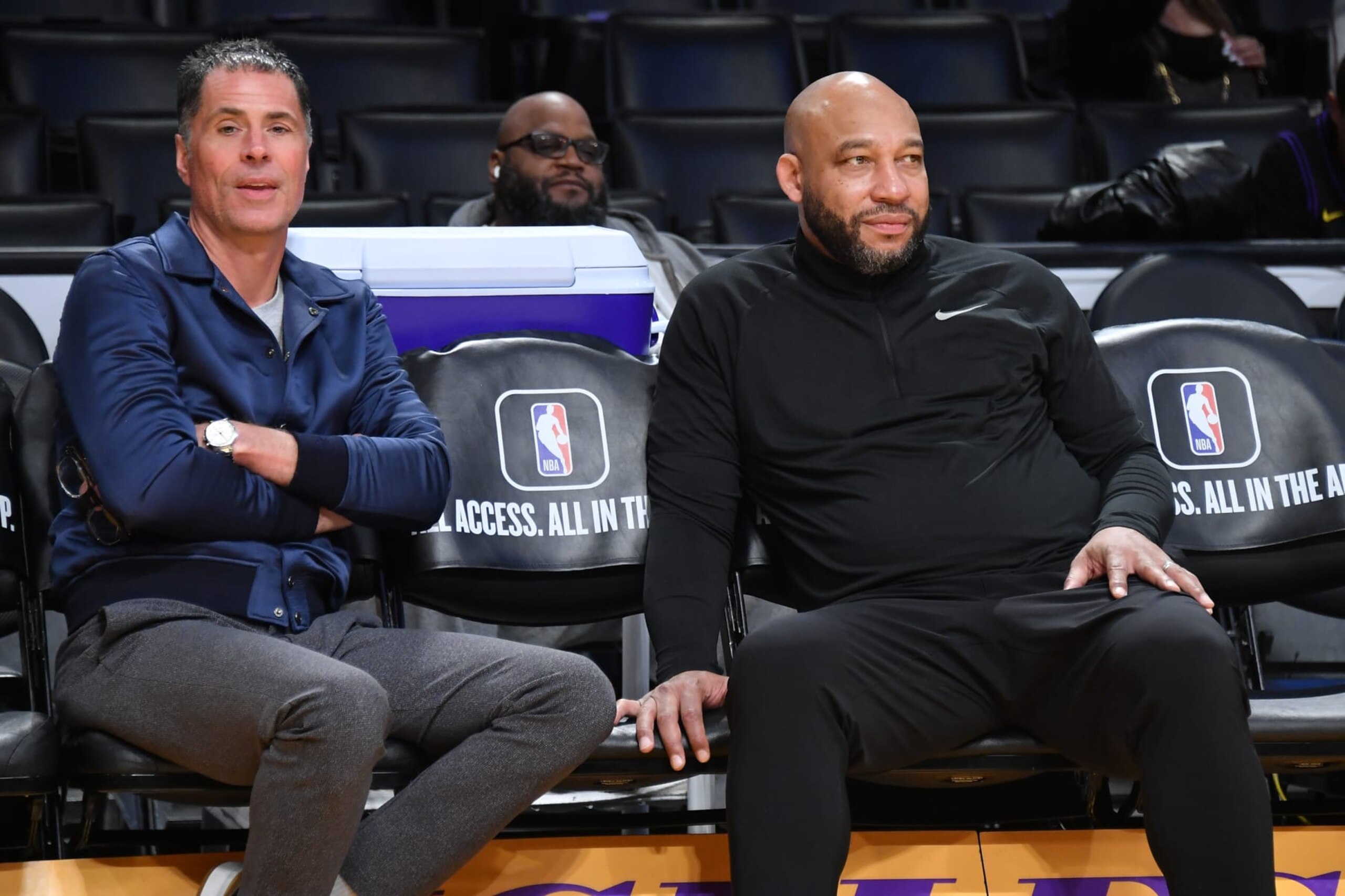 LOS ANGELES, CALIFORNIA - JANUARY 17: Rob Pelinka (L) and Darvin Ham watch the Lakers shoot-around prior to a basketball game between the Los Angeles Lakers and the Dallas Mavericks at Crypto.com Arena on January 17, 2024 in Los Angeles, California. NOTE TO USER: User expressly acknowledges and agrees that, by downloading and or using this photograph, User is consenting to the terms and conditions of the Getty Images License Agreement.  (Photo by Allen Berezovsky/Getty Images)
