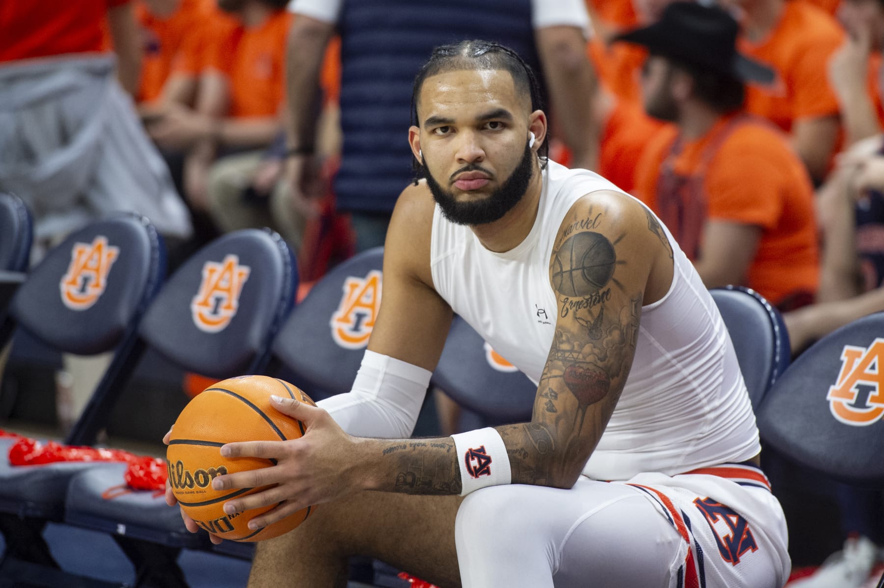 AUBURN, ALABAMA - FEBRUARY 07: Johni Broome #4 of the Auburn Tigers prior to their game against the Alabama Crimson Tide at Neville Arena on February 07, 2024 in Auburn, Alabama. (Photo by Michael Chang/Getty Images)