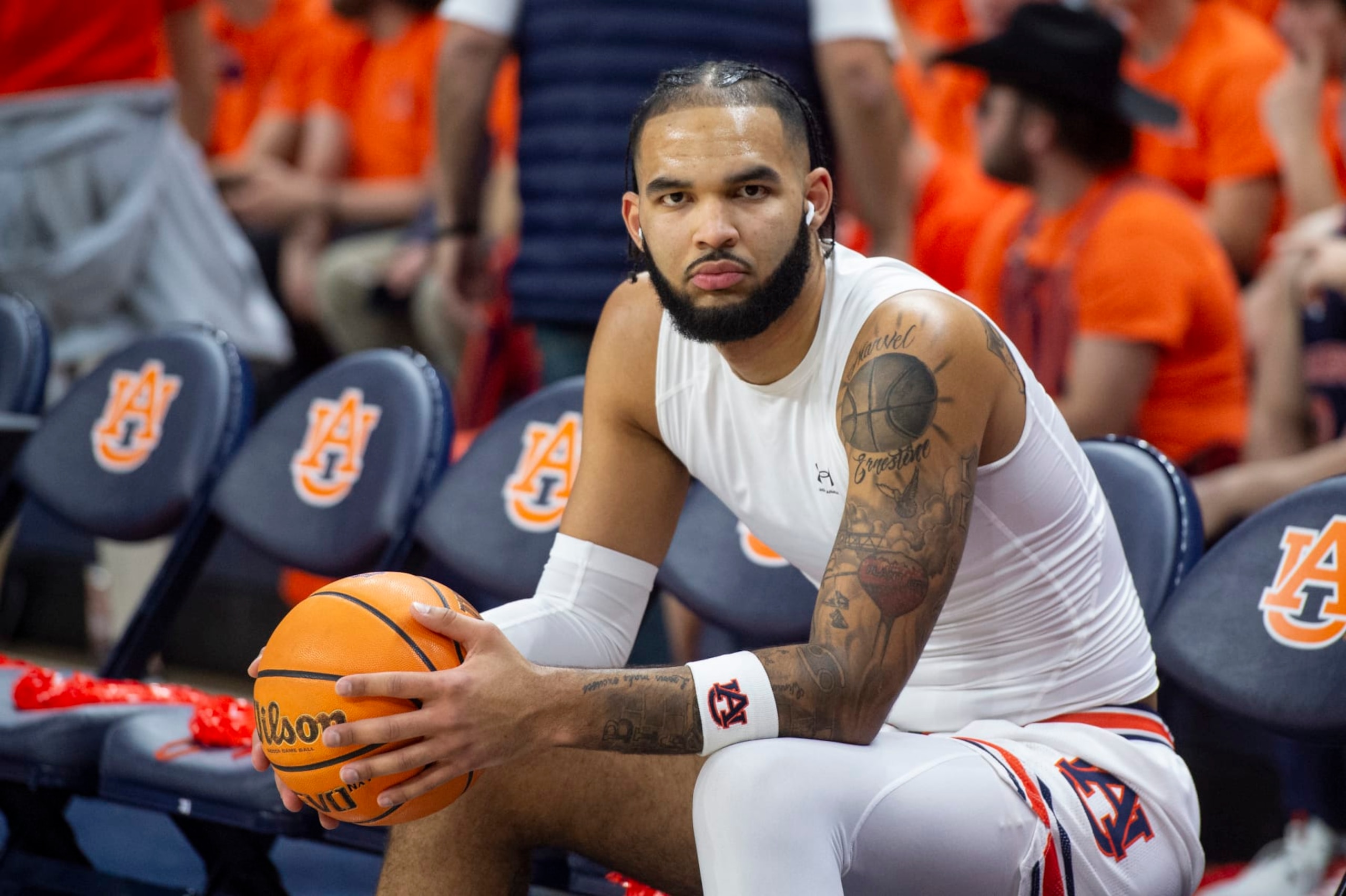 AUBURN, ALABAMA - FEBRUARY 07: Johni Broome #4 of the Auburn Tigers prior to their game against the Alabama Crimson Tide at Neville Arena on February 07, 2024 in Auburn, Alabama. (Photo by Michael Chang/Getty Images)