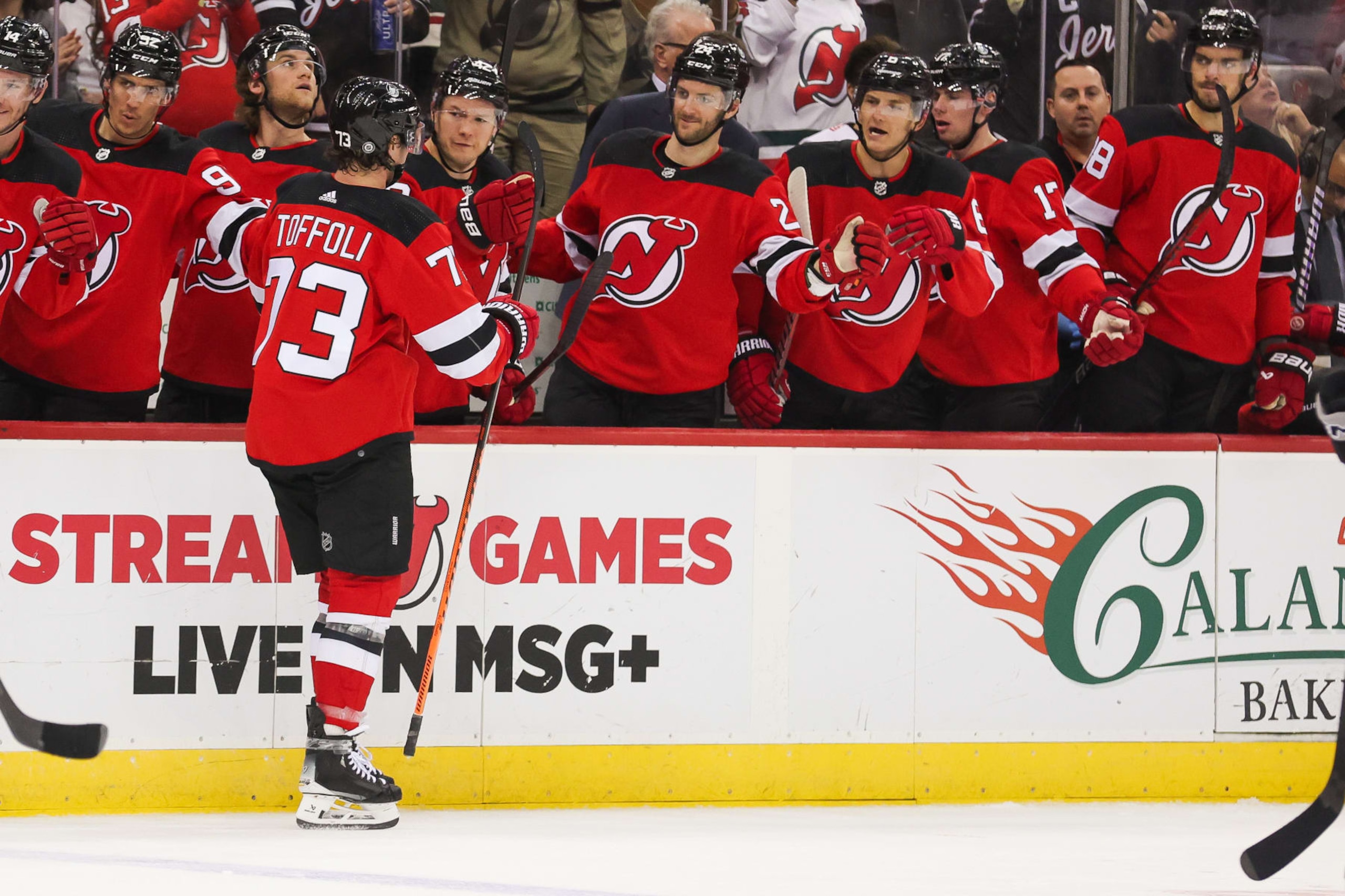NEWARK, NJ - FEBRUARY 15: New Jersey Devils right wing Tyler Toffoli (73) celebrates after scoring a goal during a game between the Los Angeles Kings and New Jersey Devils on February 15, 2024 at Prudential Center in the Newark, New Jersey.(Photo by Andrew Mordzynski/Icon Sportswire via Getty Images)
