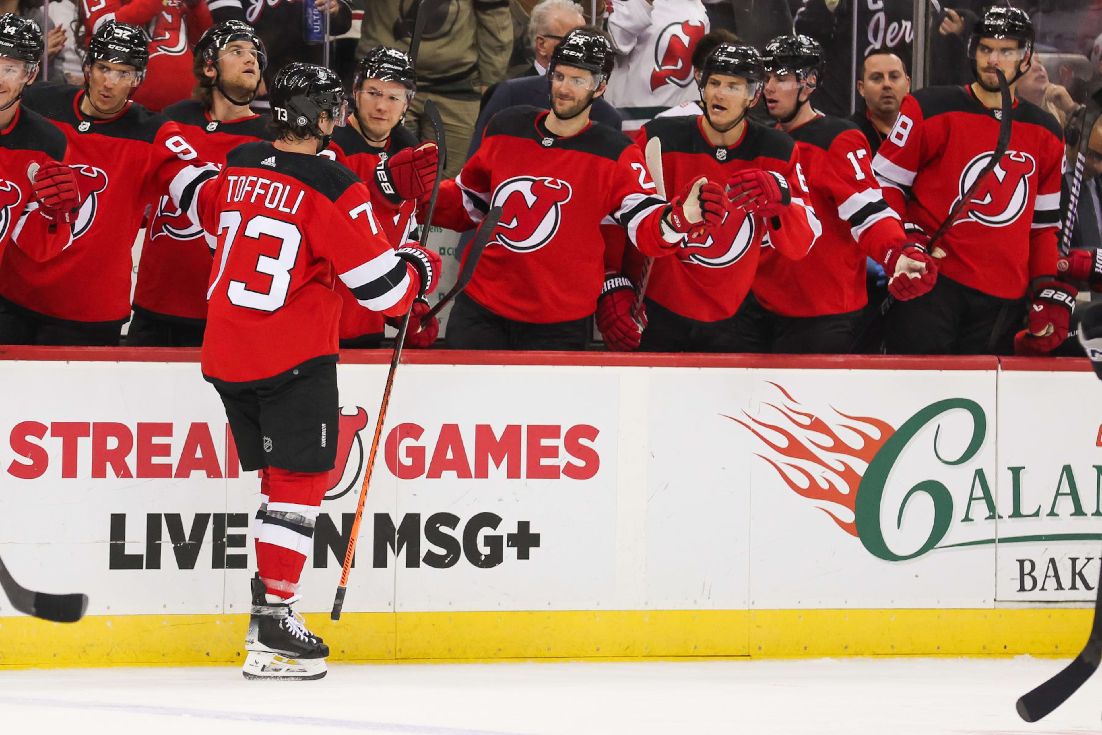 NEWARK, NJ - FEBRUARY 15: New Jersey Devils right wing Tyler Toffoli (73) celebrates after scoring a goal during a game between the Los Angeles Kings and New Jersey Devils on February 15, 2024 at Prudential Center in the Newark, New Jersey.(Photo by Andrew Mordzynski/Icon Sportswire via Getty Images) NEWARK, NJ - FEBRUARY 15: New Jersey Devils right wing Tyler Toffoli (73) celebrates after scoring a goal during a game between the Los Angeles Kings and New Jersey Devils on February 15, 2024 at Prudential Center in the Newark, New Jersey.(Photo by Andrew Mordzynski/Icon Sportswire via Getty Images)