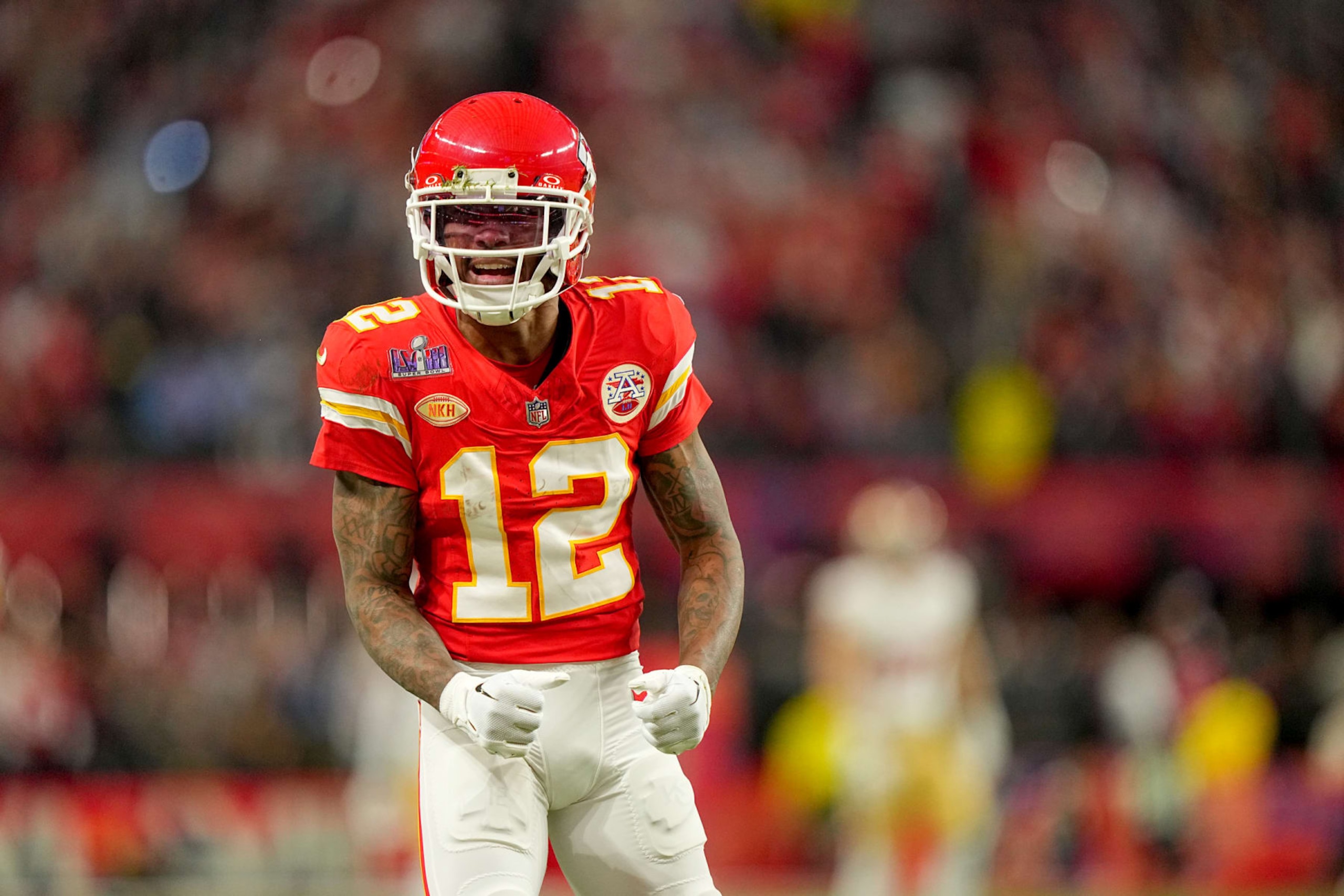 Football: Super Bowl LVIII: Kansas City Chiefs Mecole Hardman Jr. (12) in action, reacts vs San Francisco 49ers at Allegiant Stadium. 
Las Vegas, NV 2/11/2024
CREDIT: Erick W. Rasco (Photo by Erick W. Rasco/Sports Illustrated via Getty Images) 
(Set Number: X164496 TK1)