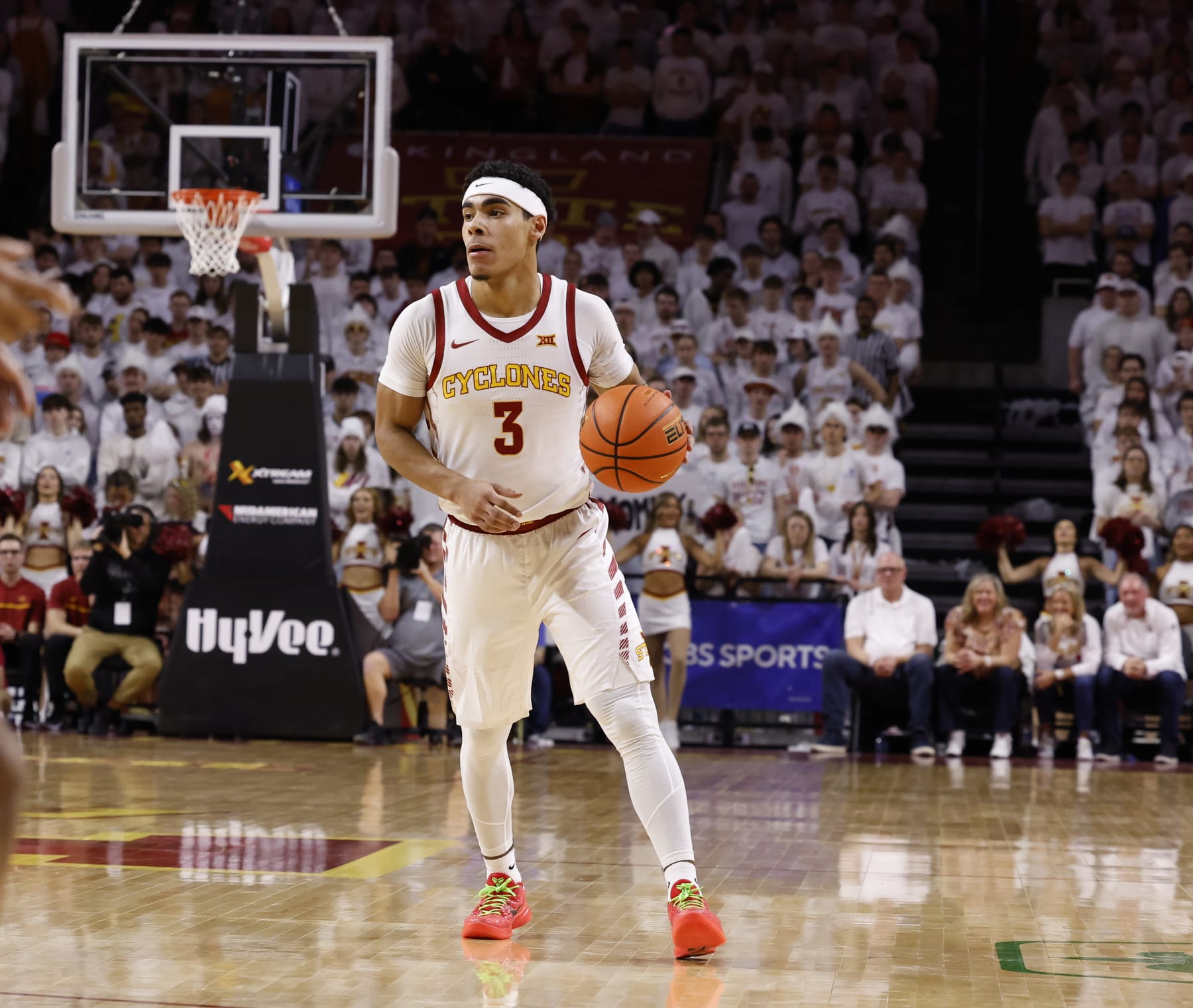 AMES, IA - JANUARY 27: Tamin Lipsey #3 of the Iowa State Cyclones drives the ball in the first half of play at Hilton Coliseum on January 27, 2024 in Ames, Iowa. The Iowa State Cyclones won 79-75 over the Kansas Jayhawks. (Photo by David K Purdy/Getty Images)
