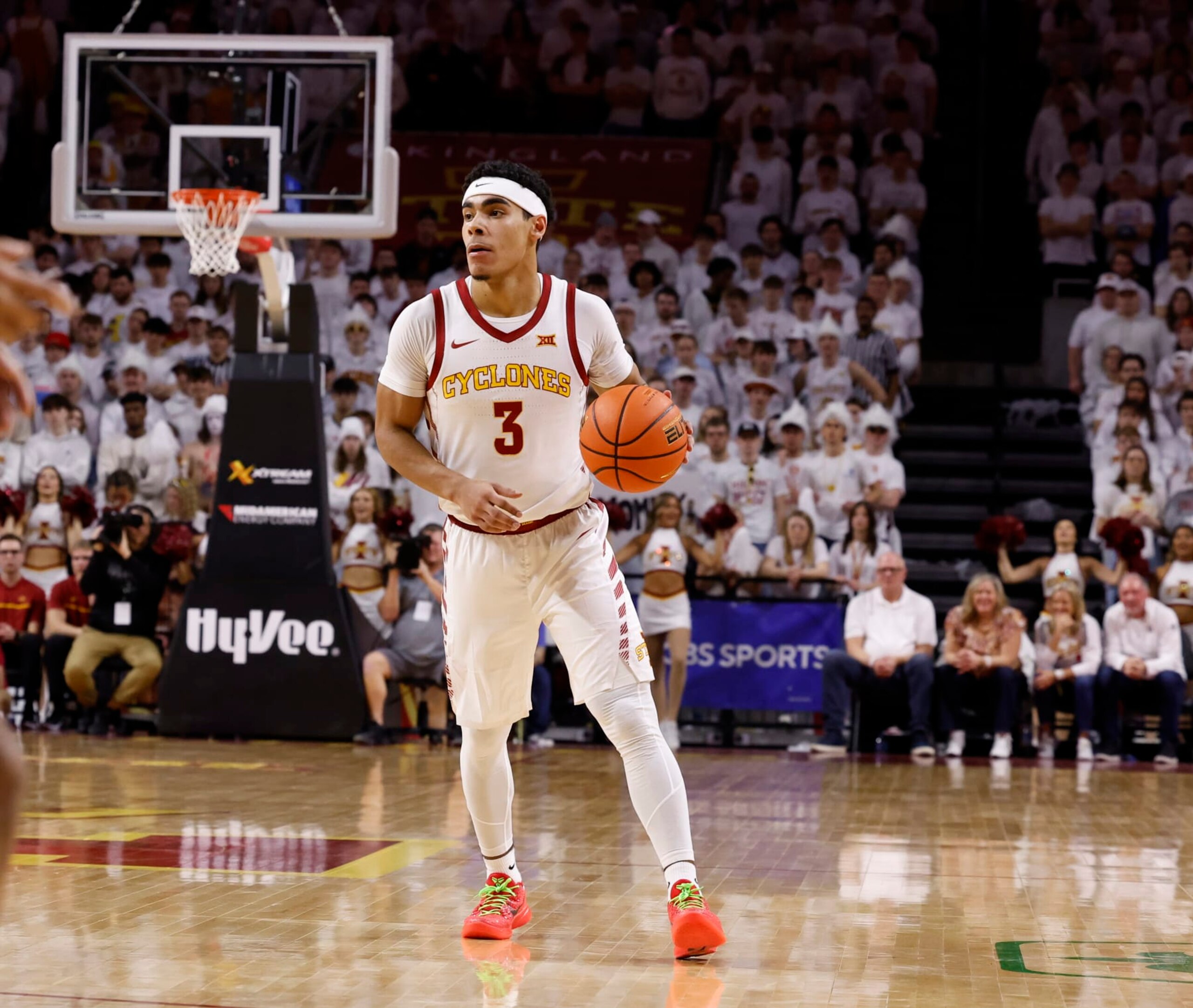 AMES, IA - JANUARY 27: Tamin Lipsey #3 of the Iowa State Cyclones drives the ball in the first half of play at Hilton Coliseum on January 27, 2024 in Ames, Iowa. The Iowa State Cyclones won 79-75 over the Kansas Jayhawks. (Photo by David K Purdy/Getty Images)