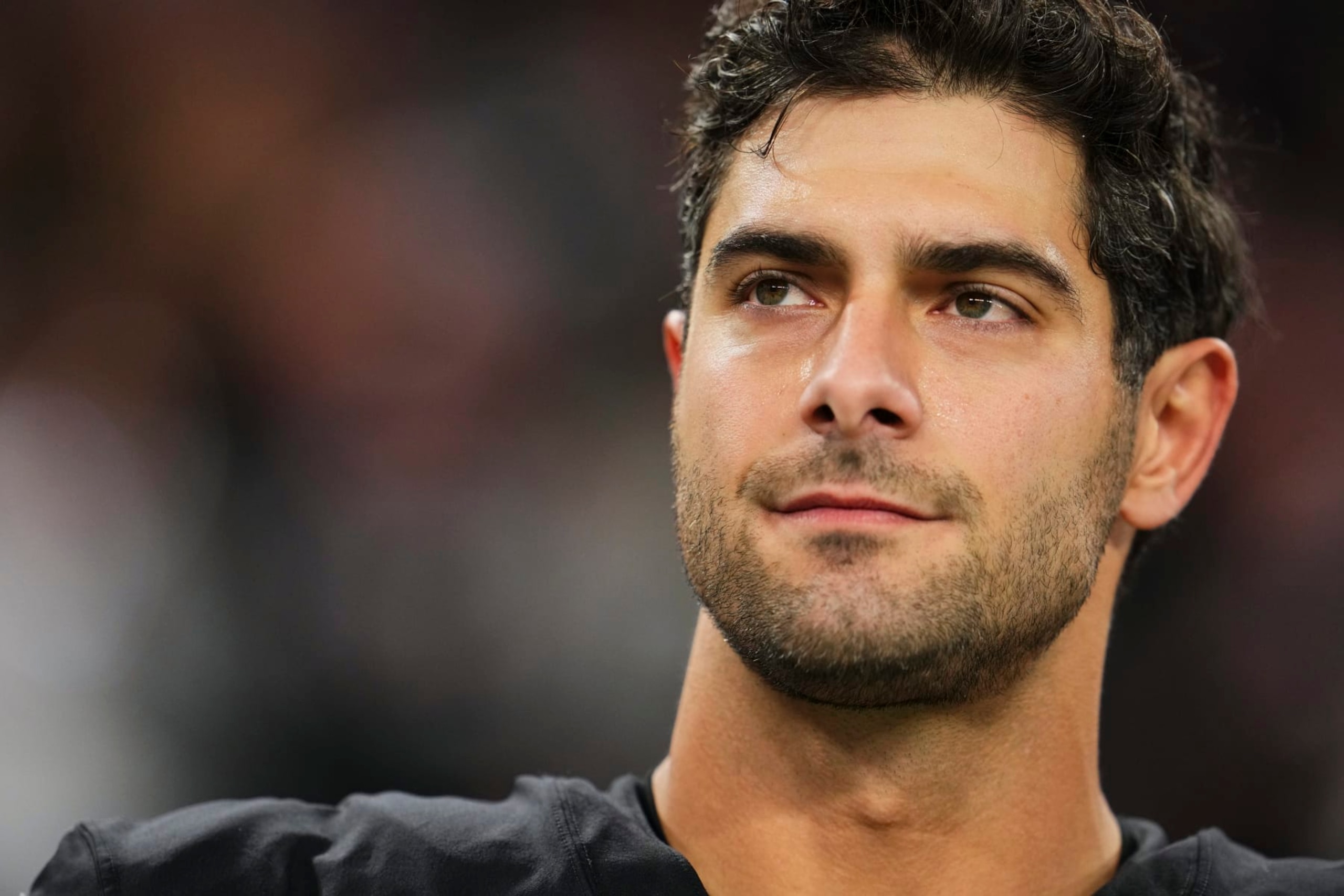 LAS VEGAS, NV - DECEMBER 14: Jimmy Garoppolo #10 of the Las Vegas Raiders looks on before kickoff against the Los Angeles Chargers at Allegiant Stadium on December 14, 2023 in Las Vegas, Nevada. (Photo by Cooper Neill/Getty Images) LAS VEGAS, NV - DECEMBER 14: Jimmy Garoppolo #10 of the Las Vegas Raiders looks on before kickoff against the Los Angeles Chargers at Allegiant Stadium on December 14, 2023 in Las Vegas, Nevada. (Photo by Cooper Neill/Getty Images)
