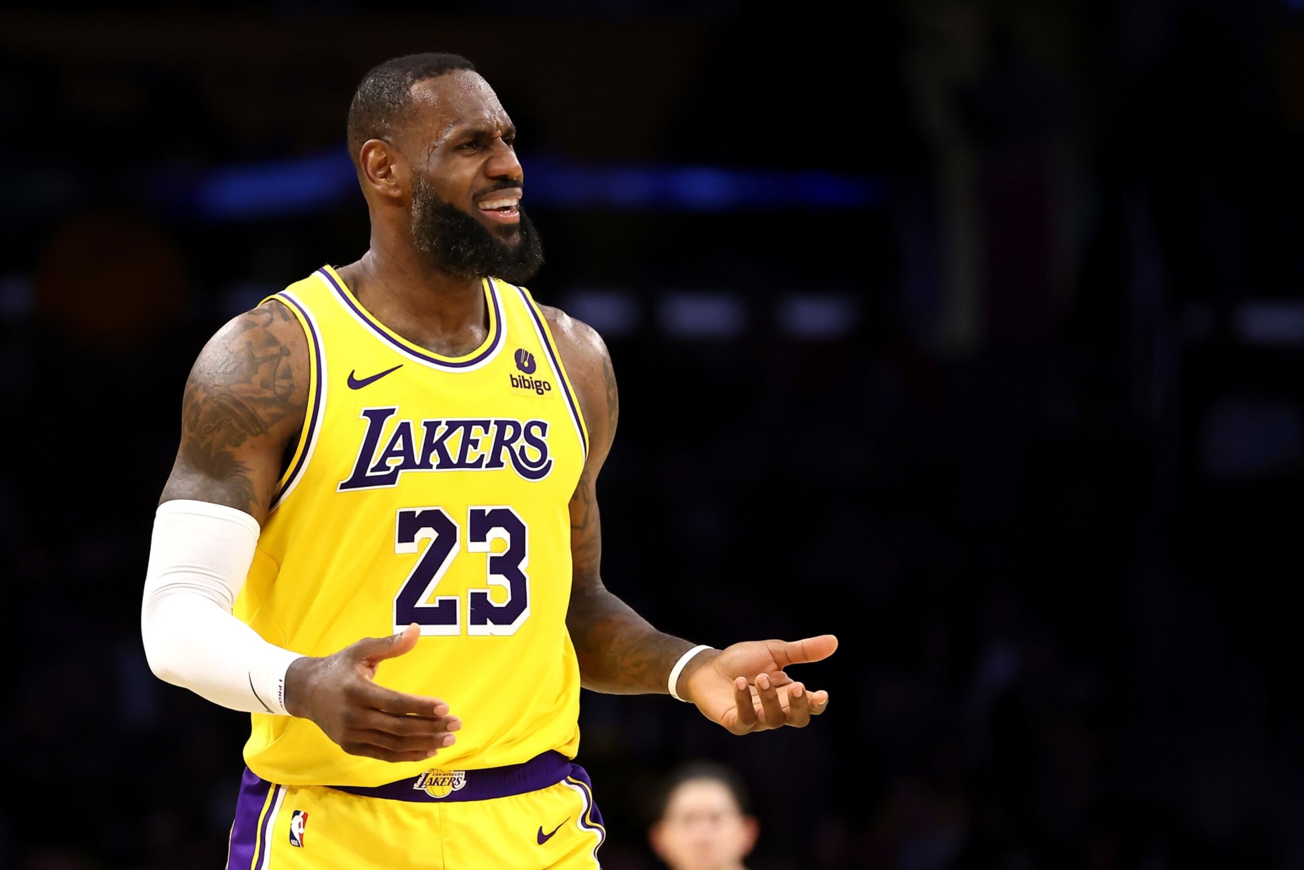 LOS ANGELES, CALIFORNIA - FEBRUARY 13: LeBron James #23 of the Los Angeles Lakers reacts to a play during the third quarter against the Detroit Pistons at Crypto.com Arena on February 13, 2024 in Los Angeles, California. NOTE TO USER: User expressly acknowledges and agrees that, by downloading and or using this photograph, user is consenting to the terms and conditions of the Getty Images License Agreement. (Photo by Katelyn Mulcahy/Getty Images) LOS ANGELES, CALIFORNIA - FEBRUARY 13: LeBron James #23 of the Los Angeles Lakers reacts to a play during the third quarter against the Detroit Pistons at Crypto.com Arena on February 13, 2024 in Los Angeles, California. NOTE TO USER: User expressly acknowledges and agrees that, by downloading and or using this photograph, user is consenting to the terms and conditions of the Getty Images License Agreement. (Photo by Katelyn Mulcahy/Getty Images)