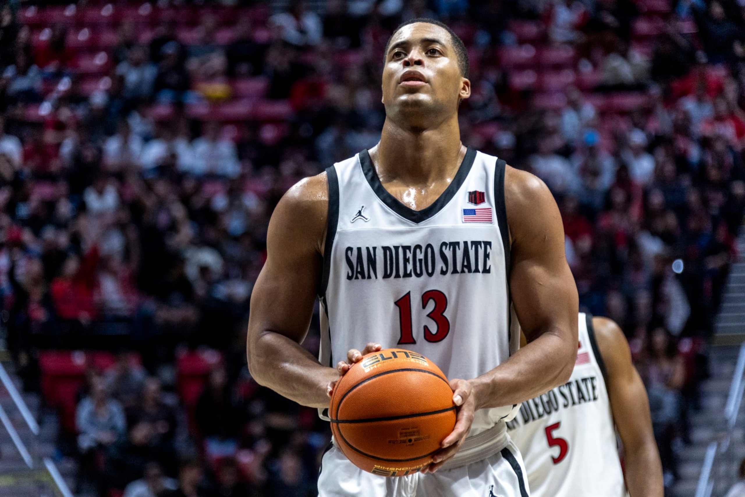 SAN DIEGO, CA - JANUARY 17: San Diego State forward Jaedon LeDee (13) prepares to take a free throw in the second half of a college basketball game between the Nevada Wolf Pack and the San Diego State Aztecs, Wednesday, January 17, 2024, at Viejas Arena in San Diego, California. (Photo by Tony Ding/Icon Sportswire via Getty Images)
