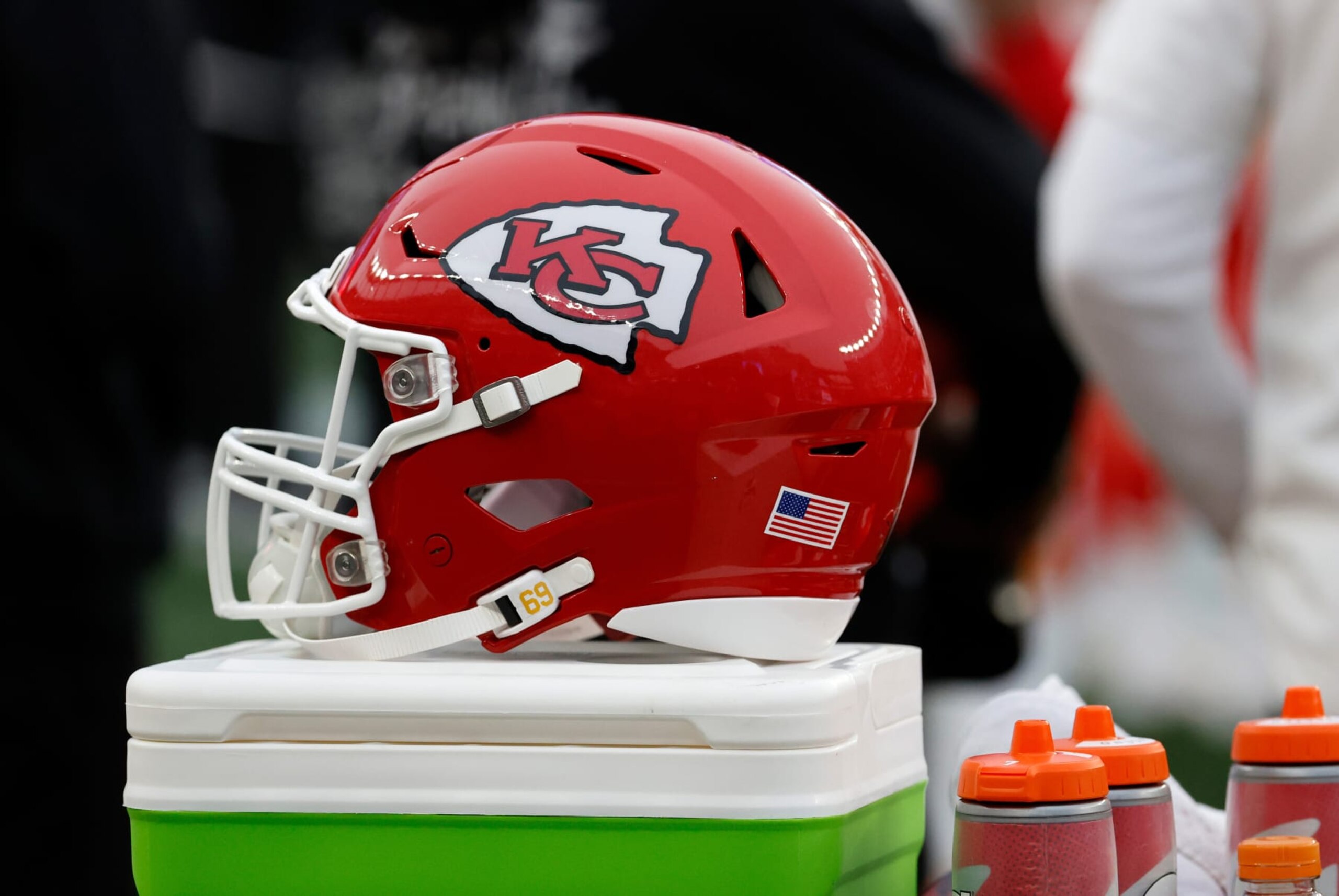 FOXBOROUGH, MA - DECEMBER 17: Chiefs helmet during a game between the New England Patriots and the Kansas City Chiefs on December 17, 2023, at Gillette Stadium in Foxborough, Massachusetts. (Photo by Fred Kfoury III/Icon Sportswire via Getty Images)
