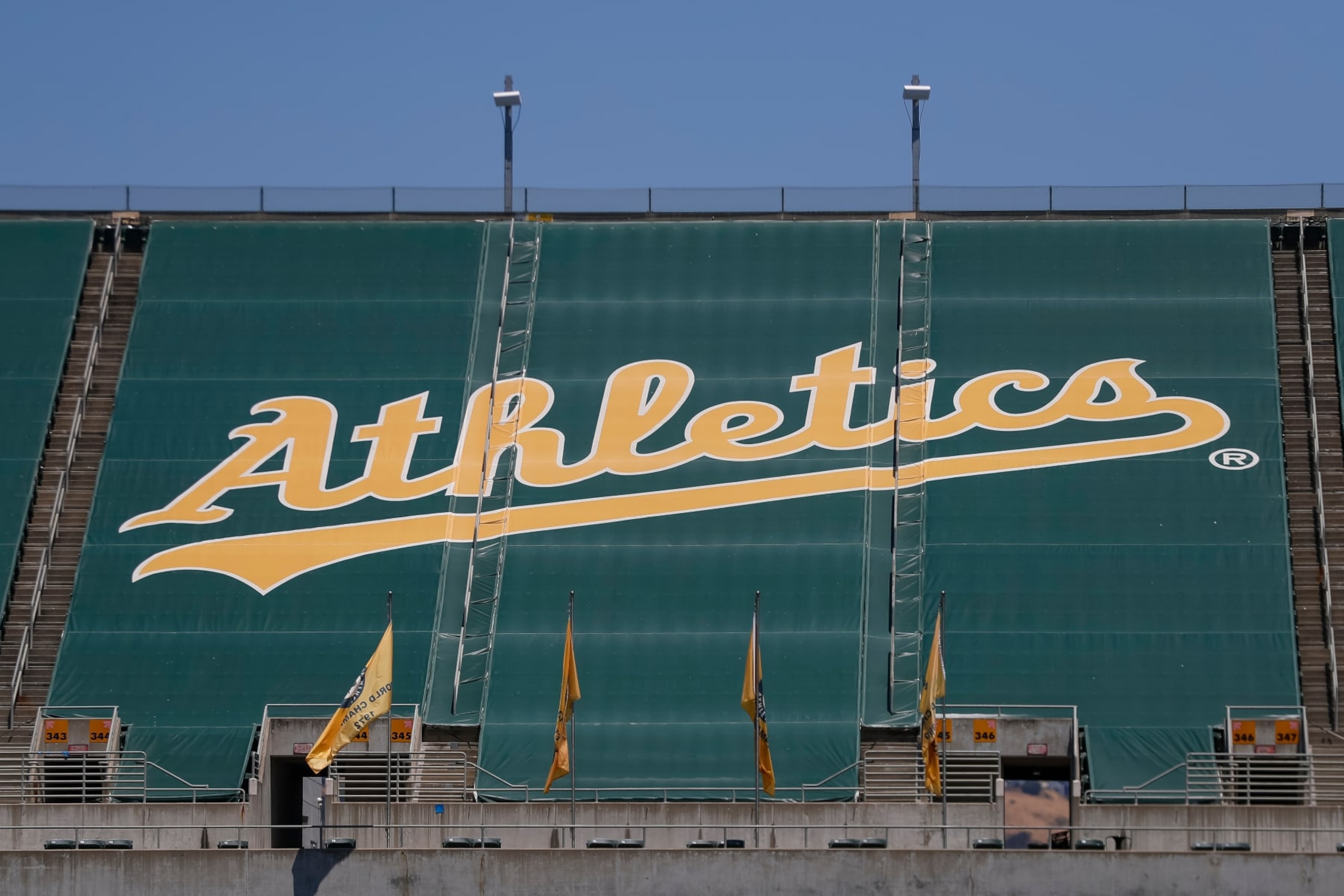 OAKLAND, CA - JULY 02: General view of an Athletics logo tarp covering seats during regular season game between the Chicago White Sox and Oakland Athletics on July 2, 2023, at RingCentral Coliseum in Oakland, CA. (Photo by Brandon Sloter/Icon Sportswire via Getty Images)
