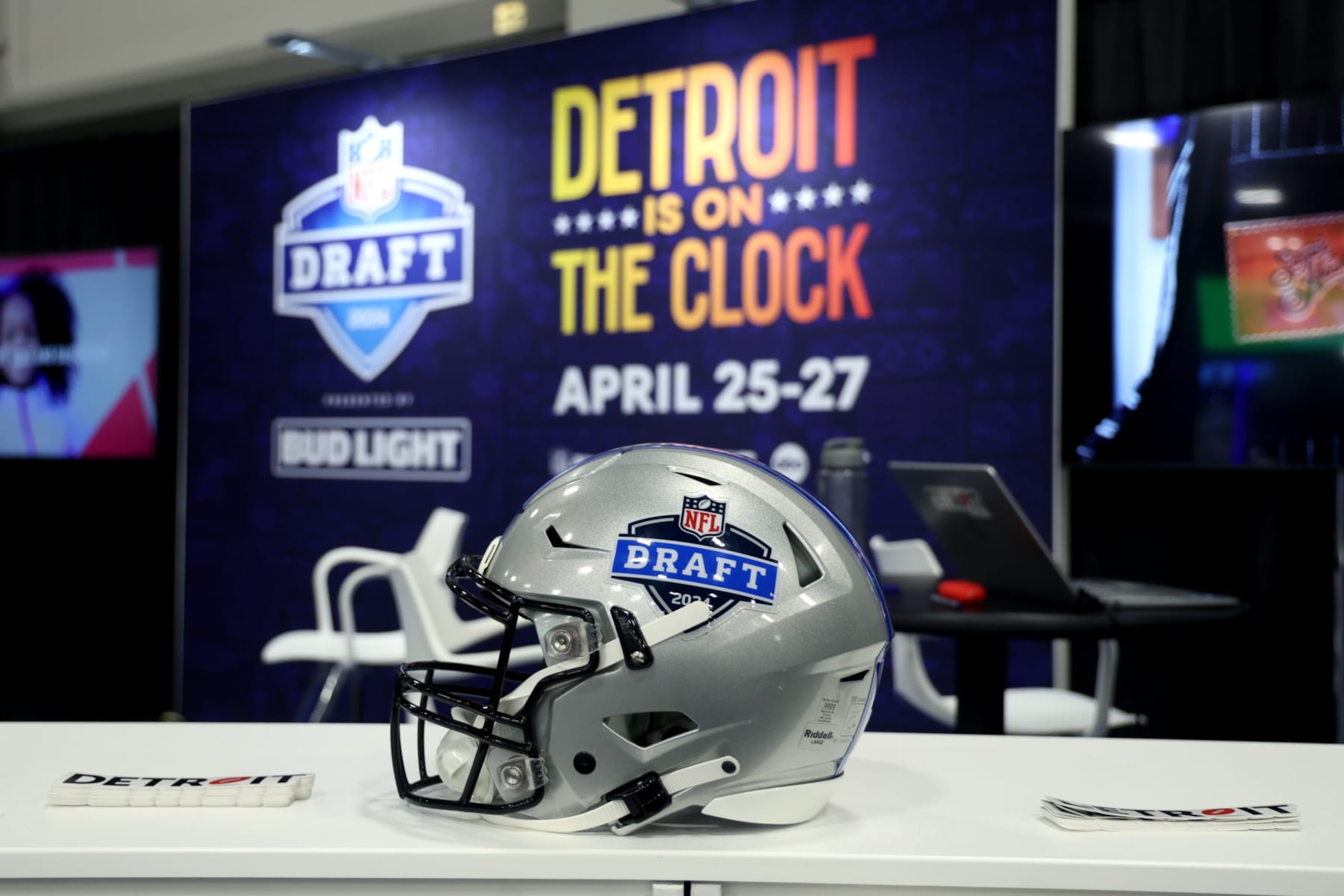 LAS VEGAS, NV - FEBRUARY 6: A general view of the NFL Draft 2024 booth at Super Bowl LVIII Radio Row at Mandalay Bay on February 6, 2024 in Las Vegas, NV. (Photo by Perry Knotts/Getty Images)