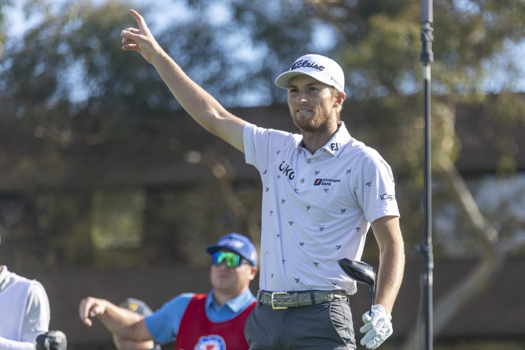 LA JOLLA, CA - JANUARY 27: Will Zalatoris points as he watches his drive off the 14th hole tee during the final round of the PGA Tour Farmer's Insurance Open, at Torrey Pines Golf Course, Saturday, January 27, 2024, in La Jolla, California. (Photo by Tony Ding/Icon Sportswire via Getty Images)