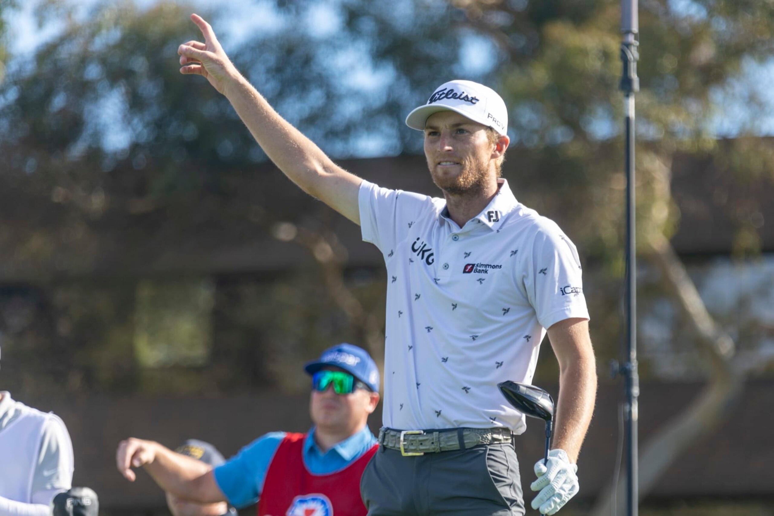 LA JOLLA, CA - JANUARY 27: Will Zalatoris points as he watches his drive off the 14th hole tee during the final round of the PGA Tour Farmer's Insurance Open, at Torrey Pines Golf Course, Saturday, January 27, 2024, in La Jolla, California. (Photo by Tony Ding/Icon Sportswire via Getty Images)