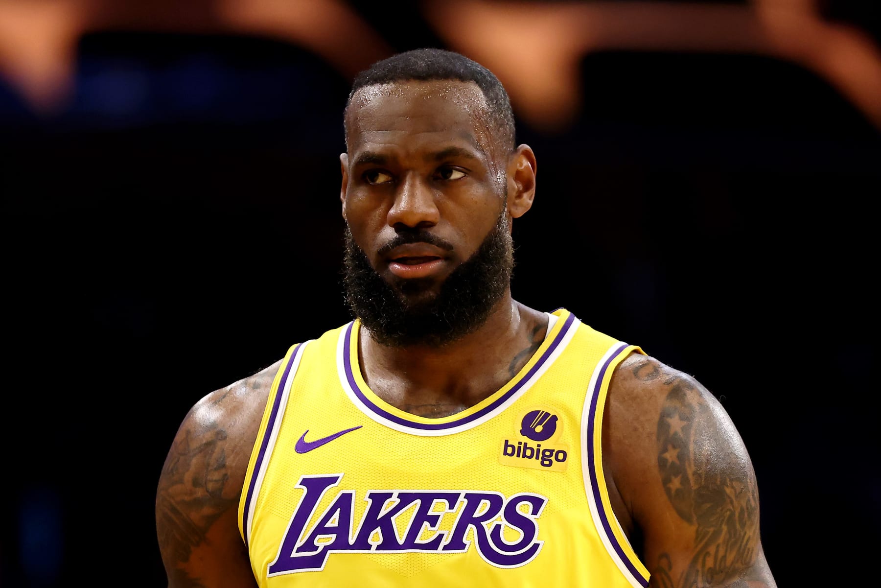 LOS ANGELES, CALIFORNIA - FEBRUARY 13: LeBron James #23 of the Los Angeles Lakers looks on during the first quarter against the Detroit Pistons at Crypto.com Arena on February 13, 2024 in Los Angeles, California. NOTE TO USER: User expressly acknowledges and agrees that, by downloading and or using this photograph, user is consenting to the terms and conditions of the Getty Images License Agreement.  (Photo by Katelyn Mulcahy/Getty Images)