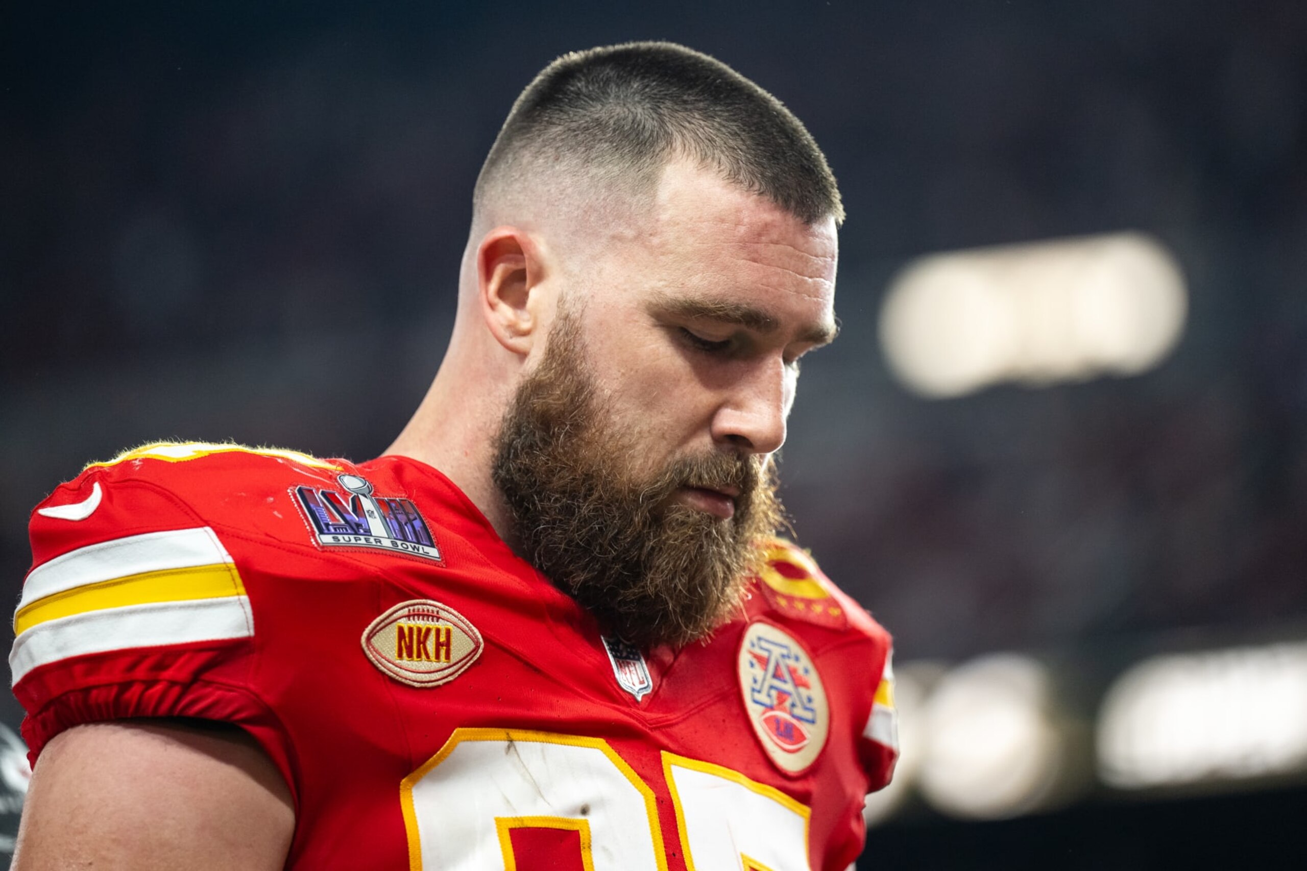 LAS VEGAS, NEVADA - FEBRUARY 11: Tight end Travis Kelce #87 of the Kansas City Chiefs walks off the field after the first half during Super Bowl LVIII against the San Francisco 49ers at Allegiant Stadium on February 11, 2024 in Las Vegas, Nevada. (Photo by Luke Hales/Getty Images) LAS VEGAS, NEVADA - FEBRUARY 11: Tight end Travis Kelce #87 of the Kansas City Chiefs walks off the field after the first half during Super Bowl LVIII against the San Francisco 49ers at Allegiant Stadium on February 11, 2024 in Las Vegas, Nevada. (Photo by Luke Hales/Getty Images)