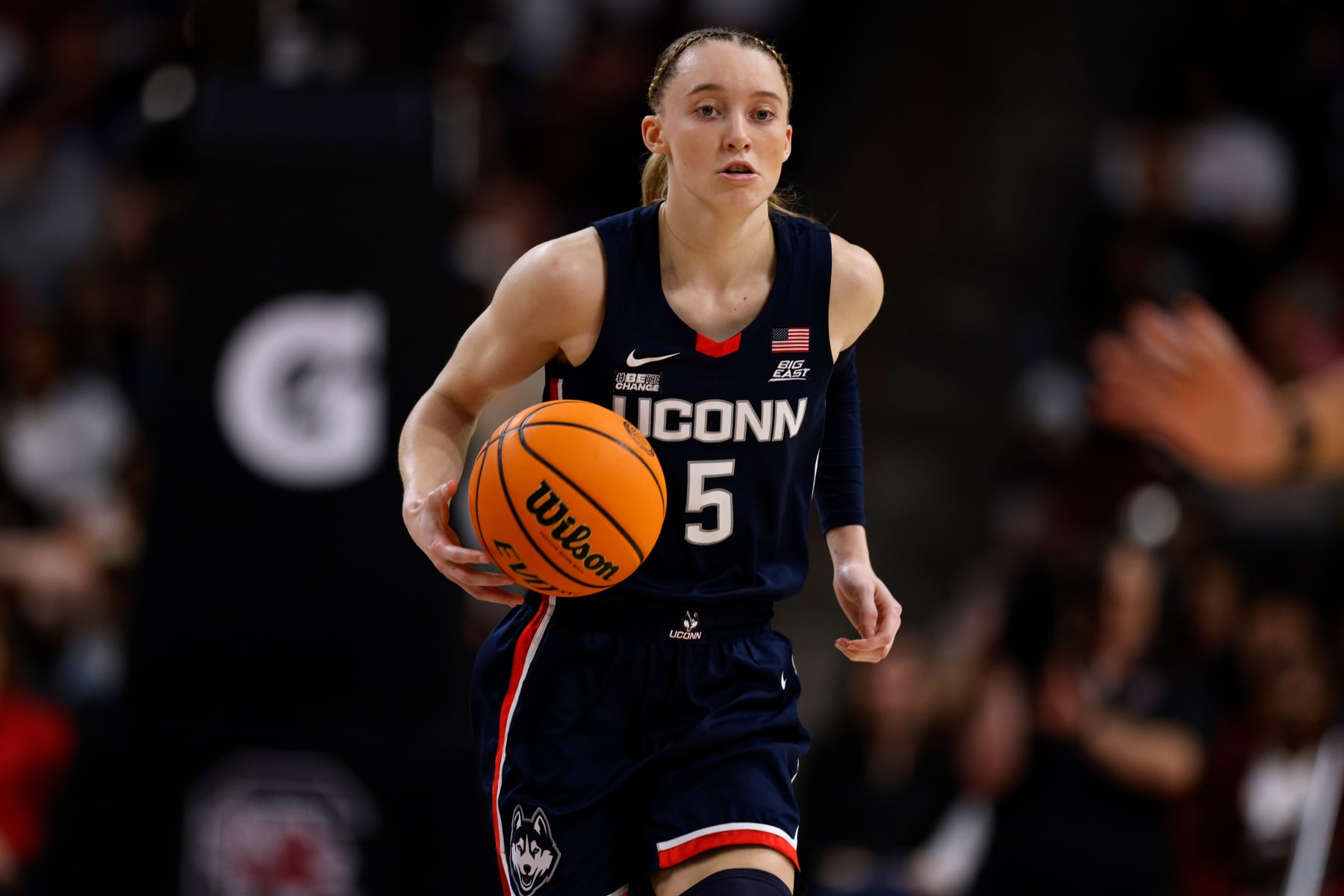 COLUMBIA, SOUTH CAROLINA - FEBRUARY 11: Paige Bueckers #5 of the UConn Huskies dribbles up court during their game against the South Carolina Gamecocks at Colonial Life Arena on February 11, 2024 in Columbia, South Carolina. SC won 83-65. (Photo by Lance King/Getty Images)