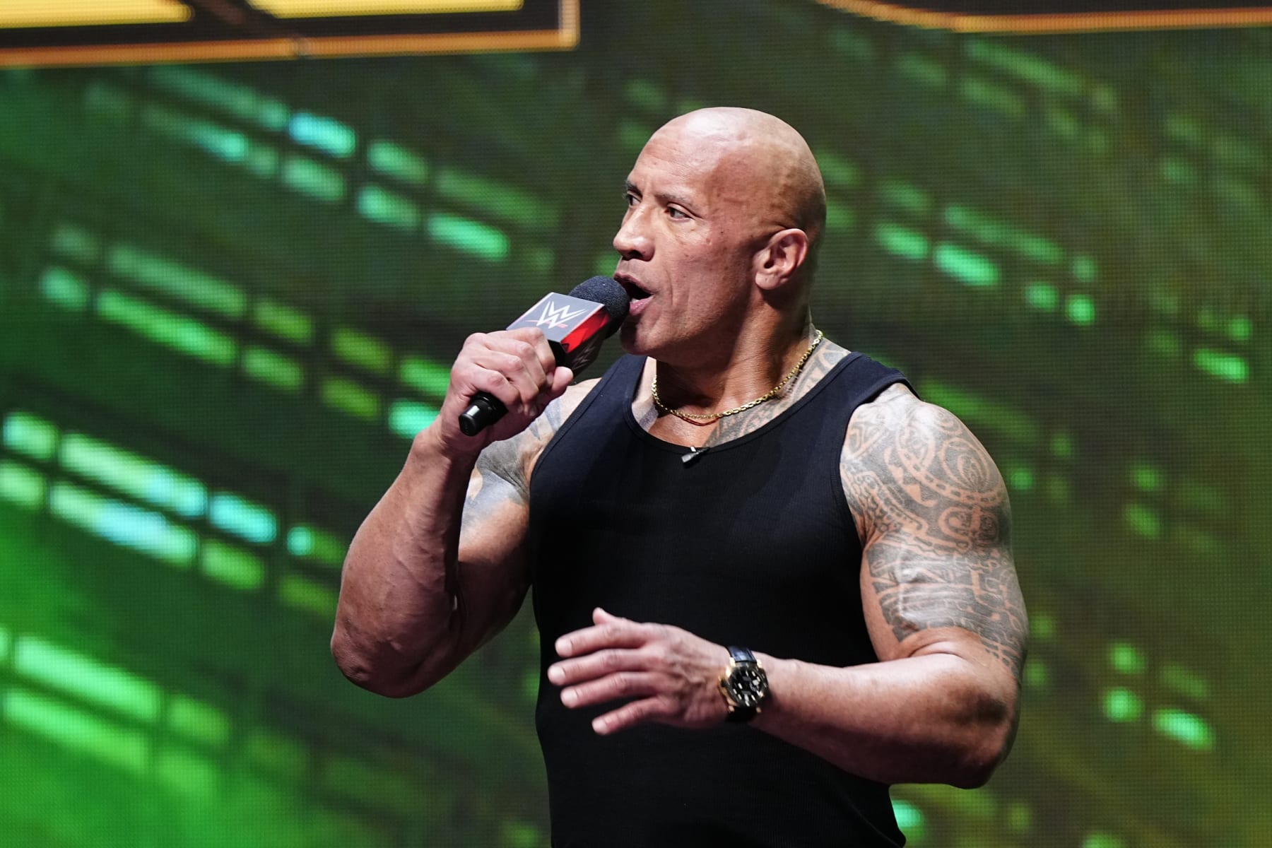 LAS VEGAS, NV - FEBRUARY 08:  Dwayne "The Rock" Johnson, Ten-Time WWE World Champion during the WWE Wrestlemania XL Kickoff on February 08, 2024, at T-Mobile Arena in Las Vegas, NV. (Photo by Louis Grasse/PXimages/Icon Sportswire via Getty Images)