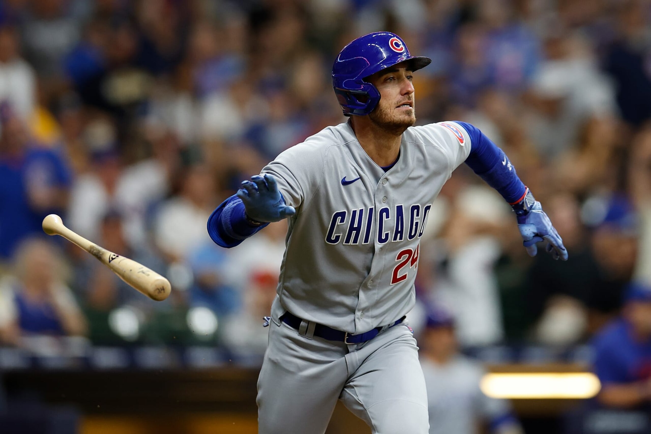 MILWAUKEE, WISCONSIN - SEPTEMBER 30: Cody Bellinger #24 of the Chicago Cubs hits a run-scoring double in the fourth inning against the Milwaukee Brewers at American Family Field on September 30, 2023 in Milwaukee, Wisconsin. (Photo by John Fisher/Getty Images)