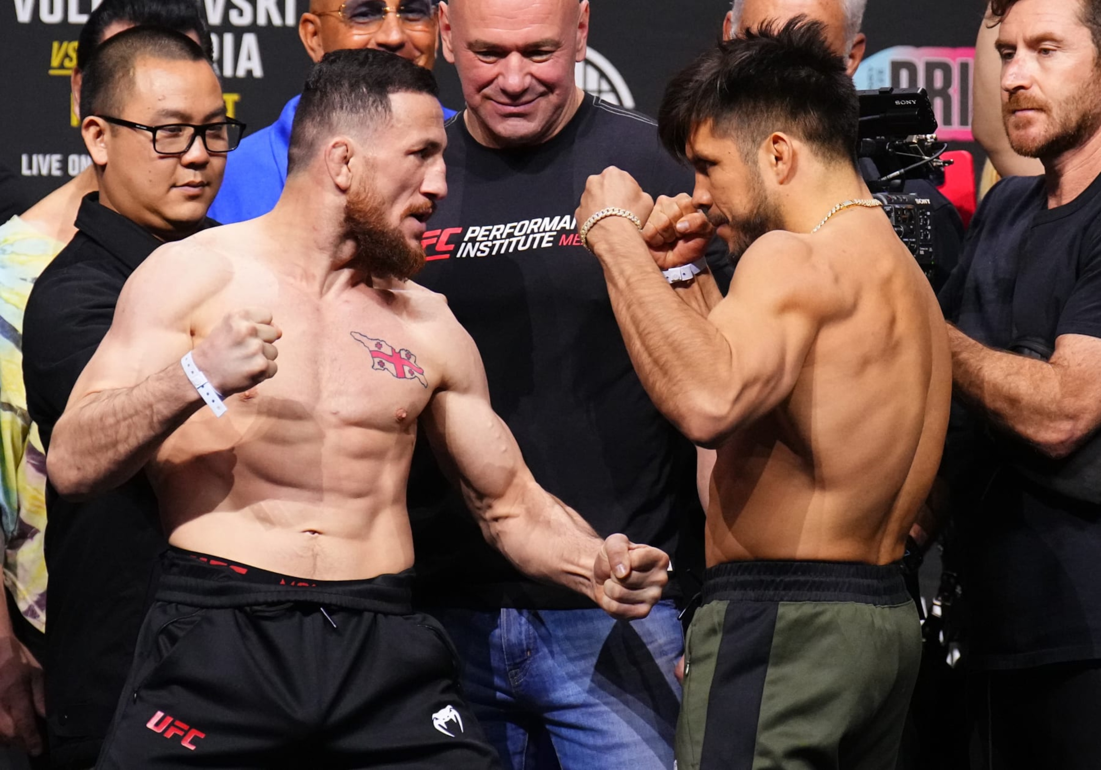 ANAHEIM, CALIFORNIA - FEBRUARY 16: (L-R) Opponents Merab Dvalishvili of Georgia and Henry Cejudo face off during the UFC 298 ceremonial weigh-in at Honda Center on February 16, 2024 in Anaheim, California. (Photo by Chris Unger/Zuffa LLC via Getty Images) ANAHEIM, CALIFORNIA - FEBRUARY 16: (L-R) Opponents Merab Dvalishvili of Georgia and Henry Cejudo face off during the UFC 298 ceremonial weigh-in at Honda Center on February 16, 2024 in Anaheim, California. (Photo by Chris Unger/Zuffa LLC via Getty Images)