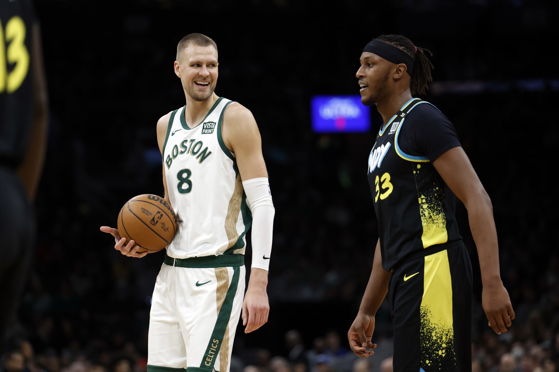 Kristaps PorziÅÄ£is and Myles Turner