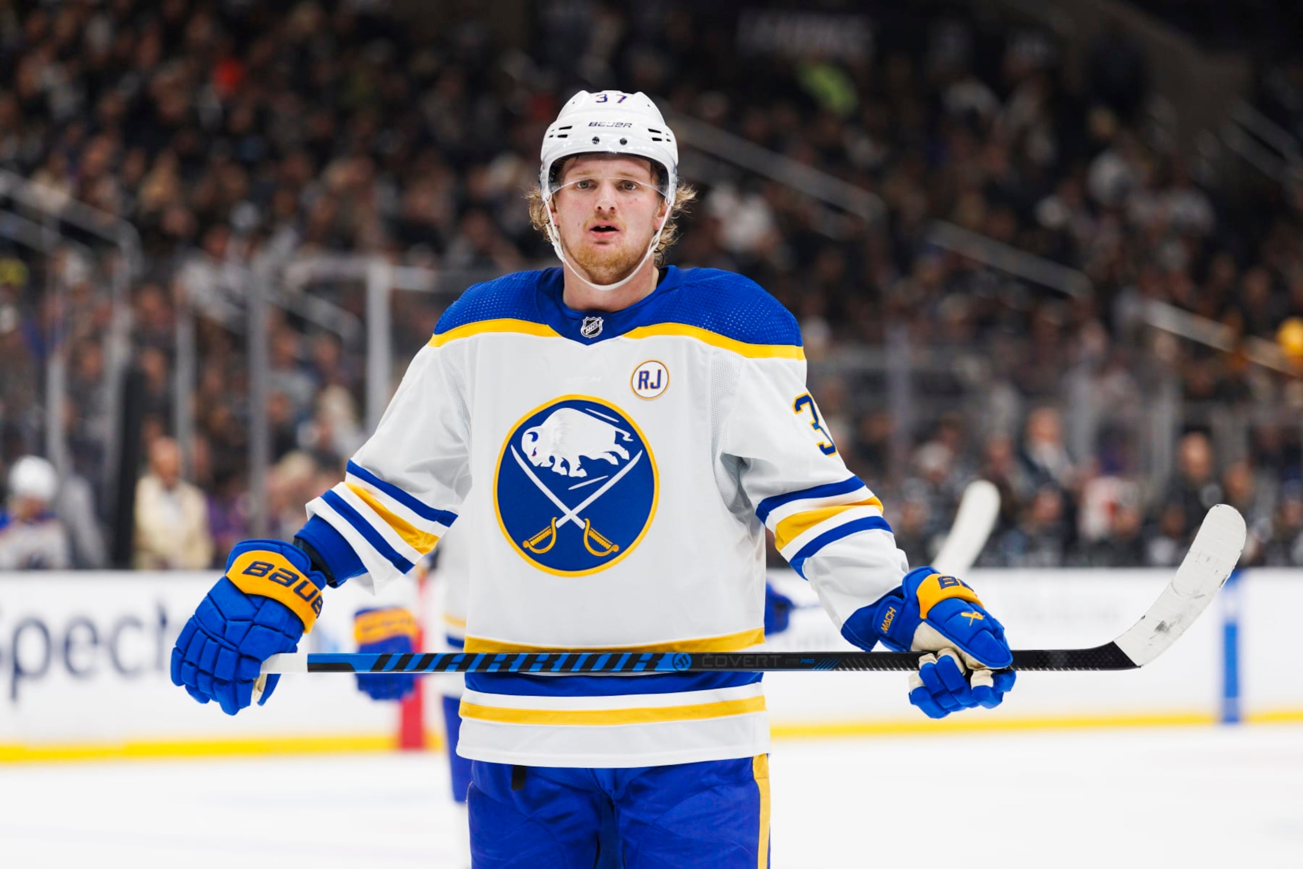 LOS ANGELES, CA - JANUARY 24: Buffalo Sabres center Casey Mittelstadt (37) during an NHL hockey game against the Los Angeles Kings on January 24, 2024 at Crypto.com Arena in Los Angeles, CA. (Photo by Ric Tapia/Icon Sportswire via Getty Images)