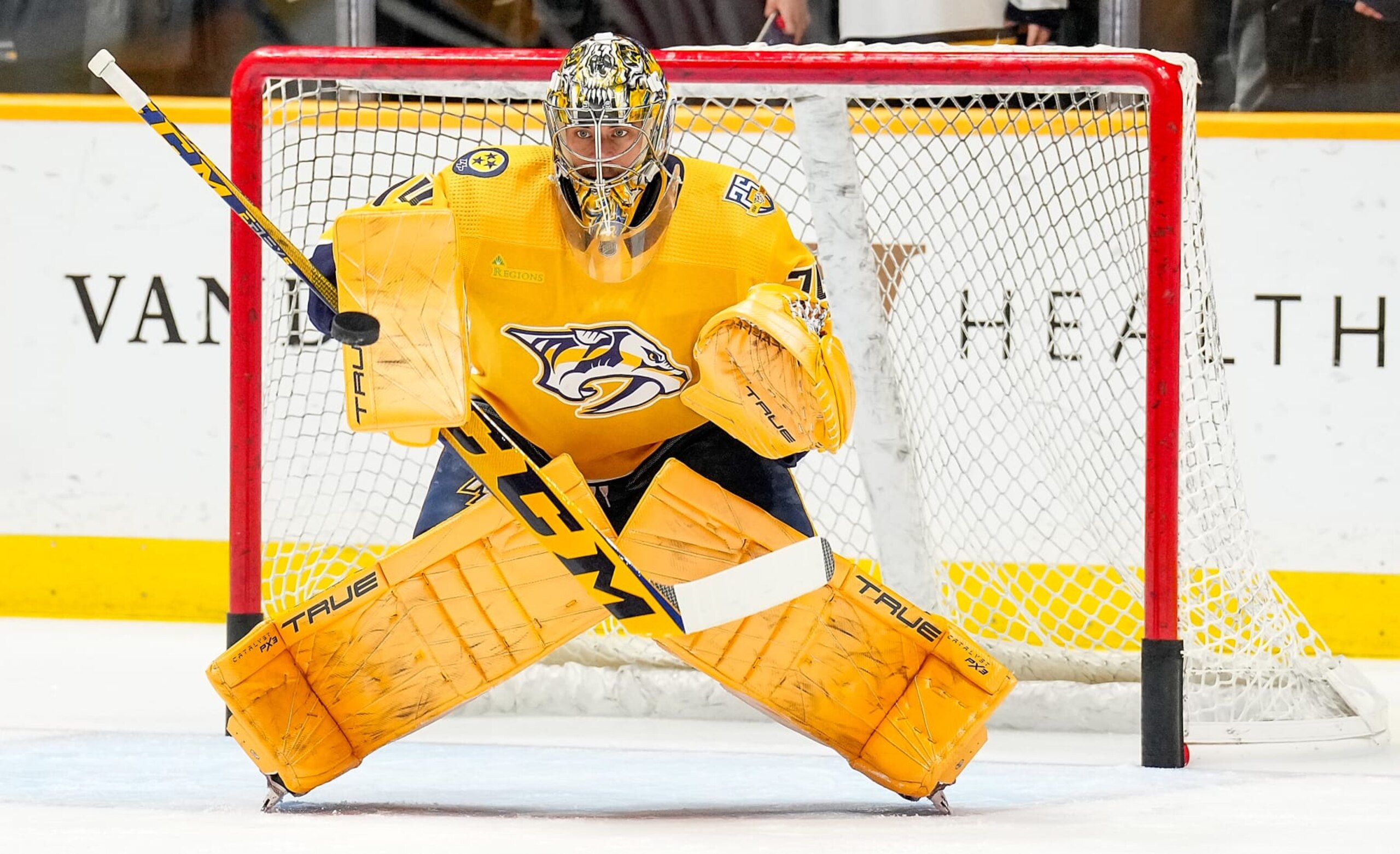 NASHVILLE, TENNESSEE - FEBRUARY 10: Juuse Saros #74 of the Nashville Predators warms up in net prior to an NHL game against the Arizona Coyotes at Bridgestone Arena on February 10, 2024 in Nashville, Tennessee. (Photo by John Russell/NHLI via Getty Images)